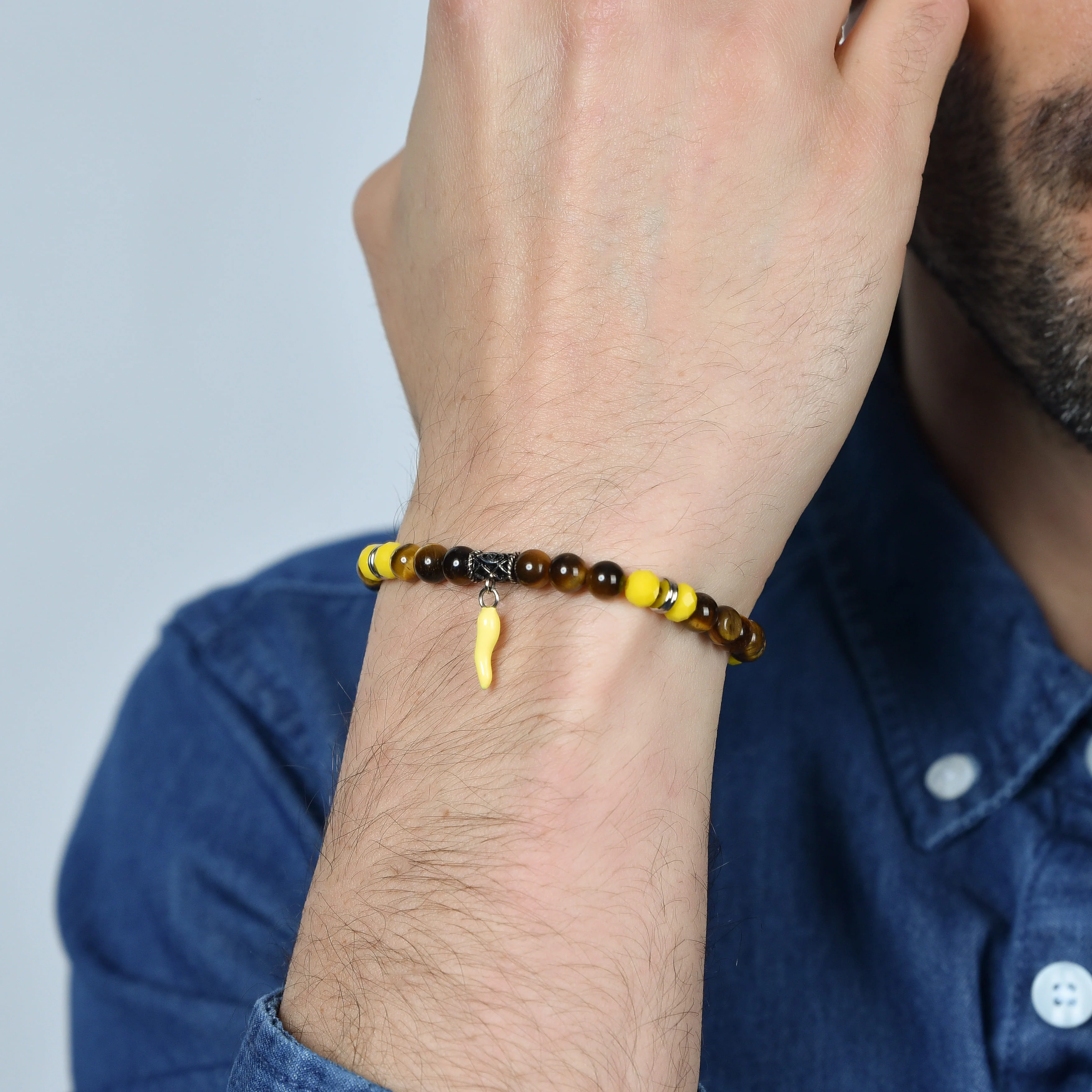BRACCIALE UOMO ELASTICO CON PIETRE OCCHIO DI TIGRE E GIALLE E CORNO GIALLO - Image 2