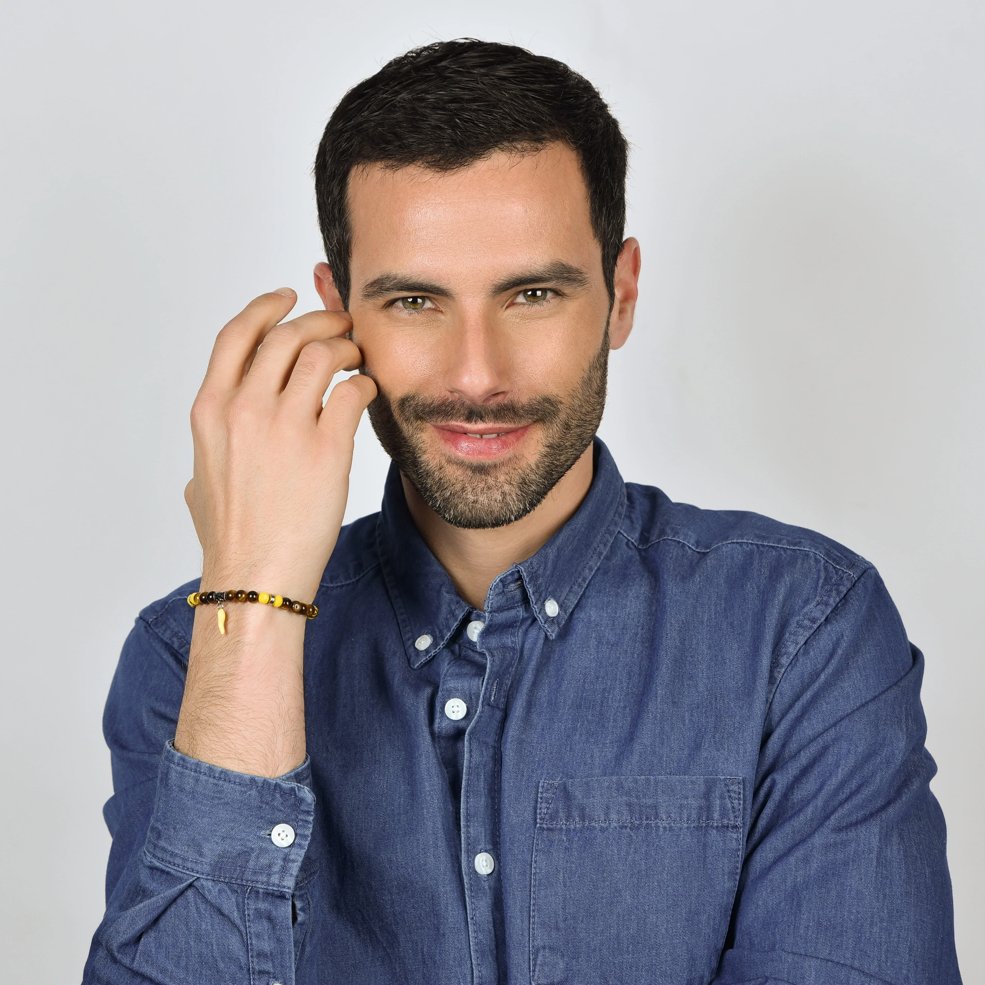 BRACCIALE UOMO ELASTICO CON PIETRE OCCHIO DI TIGRE E GIALLE E CORNO GIALLO - Image 3