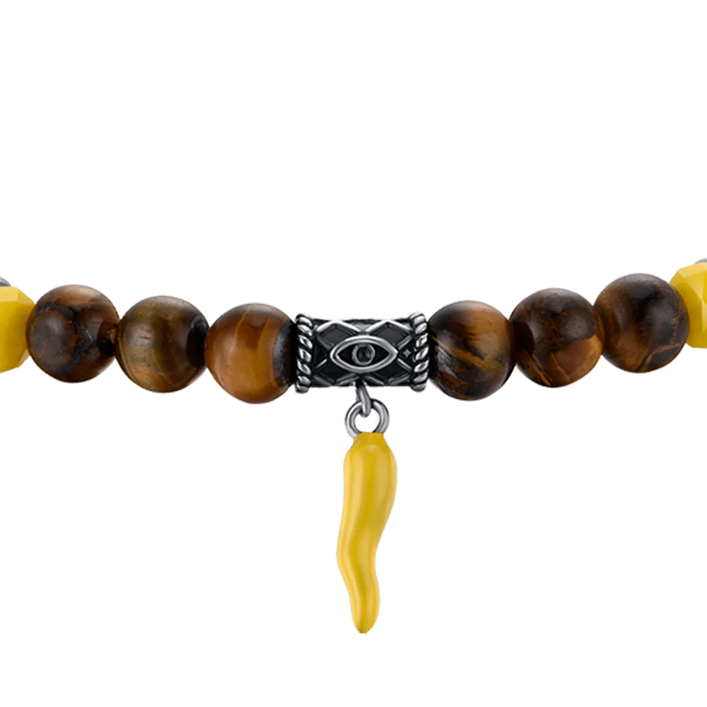 BRACCIALE UOMO ELASTICO CON PIETRE OCCHIO DI TIGRE E GIALLE E CORNO GIALLO - Image 4