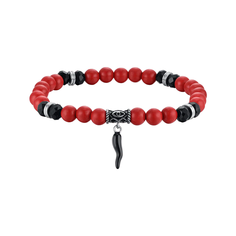 BRACCIALE UOMO ELASTICO CON PIETRE ROSSE E NERE E CORNO NERO