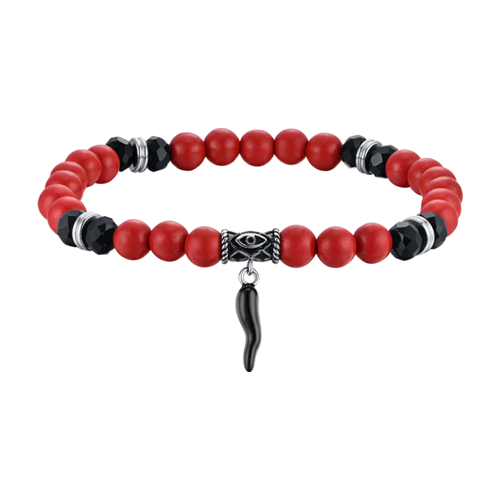 BRACCIALE UOMO ELASTICO CON PIETRE ROSSE E NERE E CORNO NERO