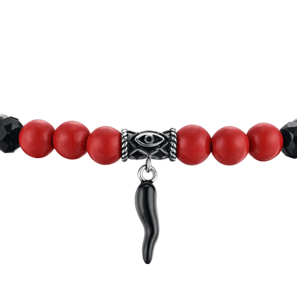 BRACCIALE UOMO ELASTICO CON PIETRE ROSSE E NERE E CORNO NERO - Image 4