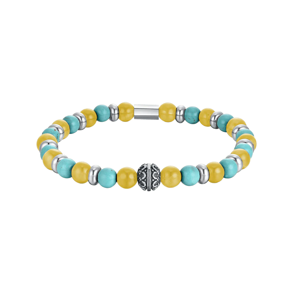 BRACCIALE UOMO ELASTICO CON PIETRE TURCHESI E GIALLE ED ELEMENTI IN ACCIAIO