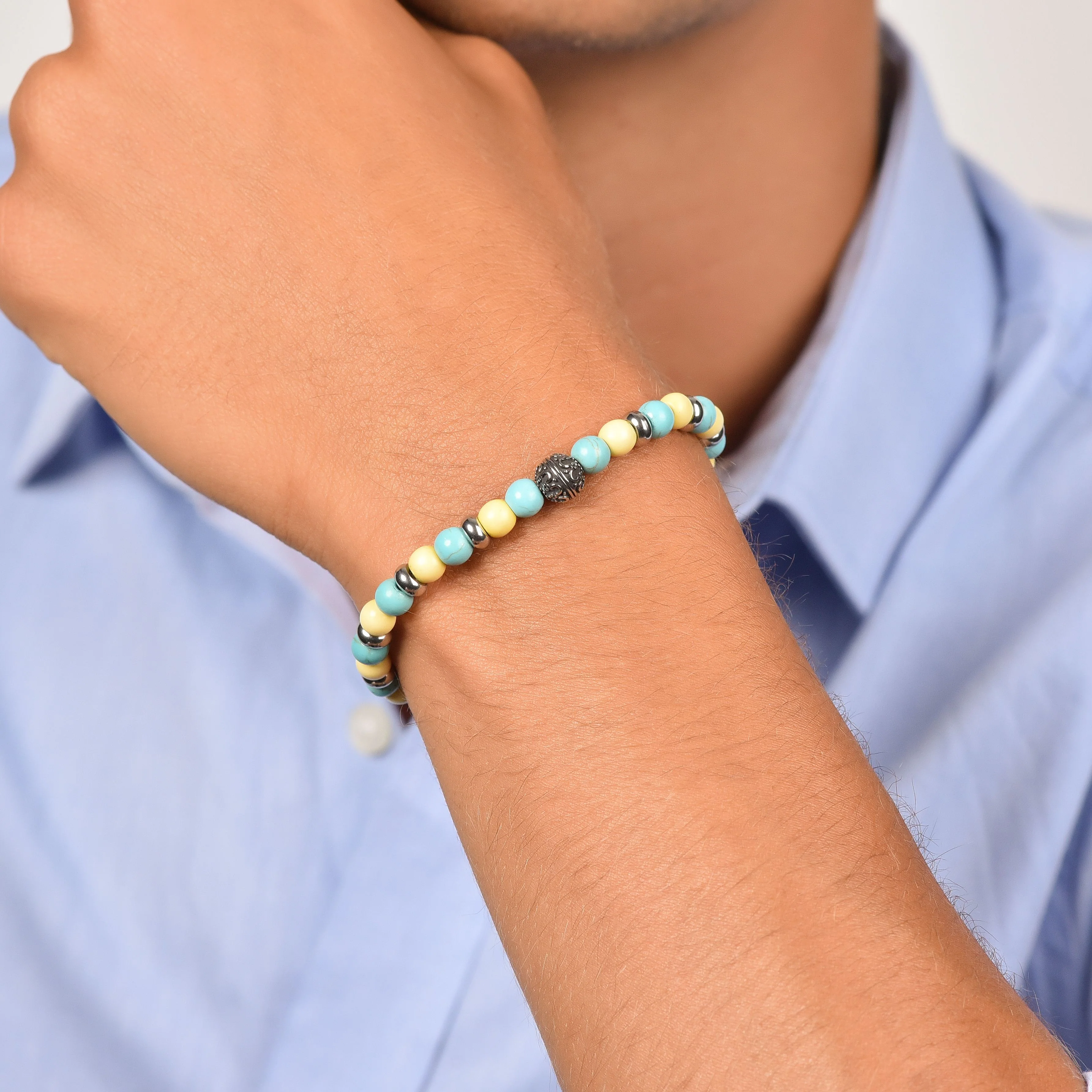 BRACCIALE UOMO ELASTICO CON PIETRE TURCHESI E GIALLE ED ELEMENTI IN ACCIAIO - Image 2