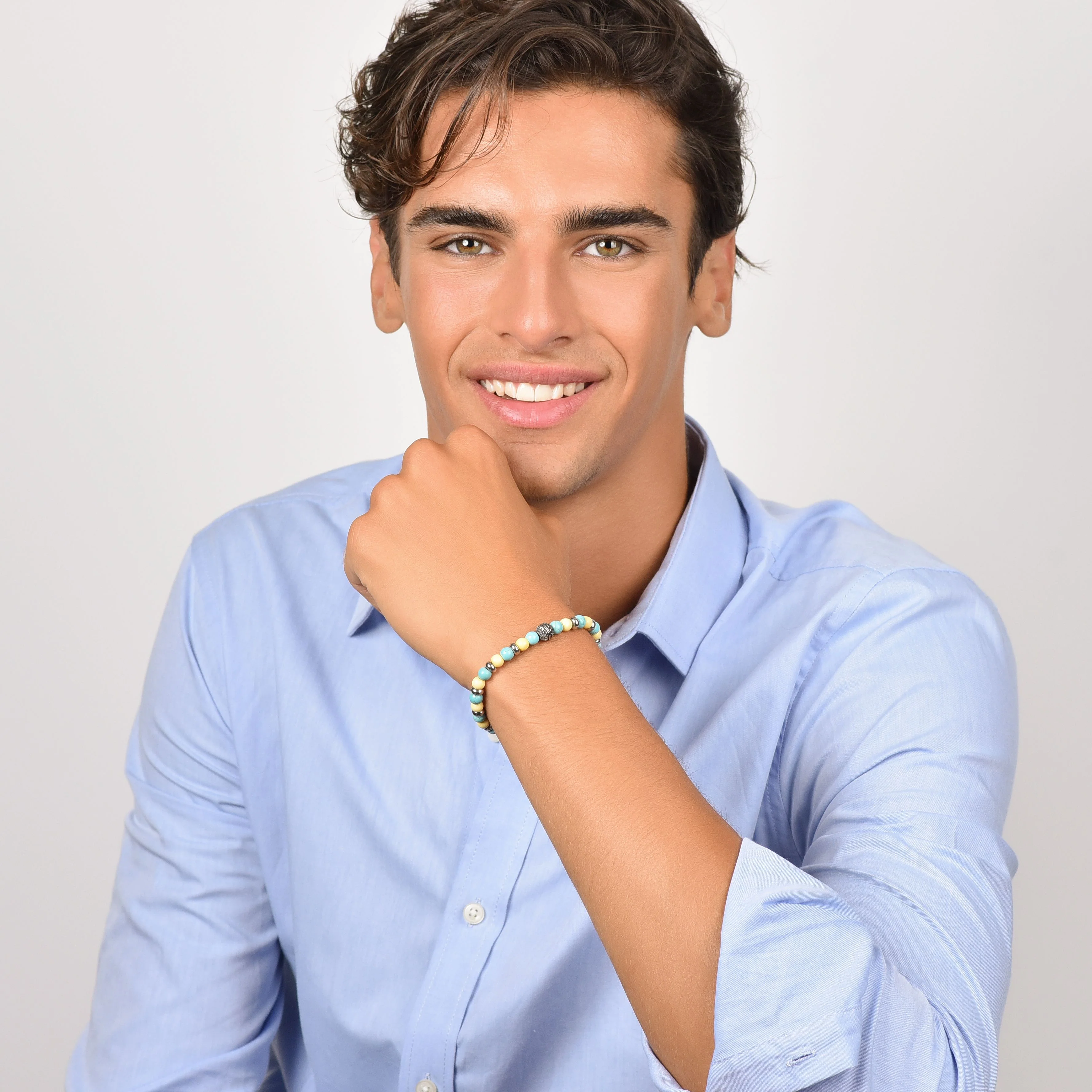 BRACCIALE UOMO ELASTICO CON PIETRE TURCHESI E GIALLE ED ELEMENTI IN ACCIAIO - Image 3
