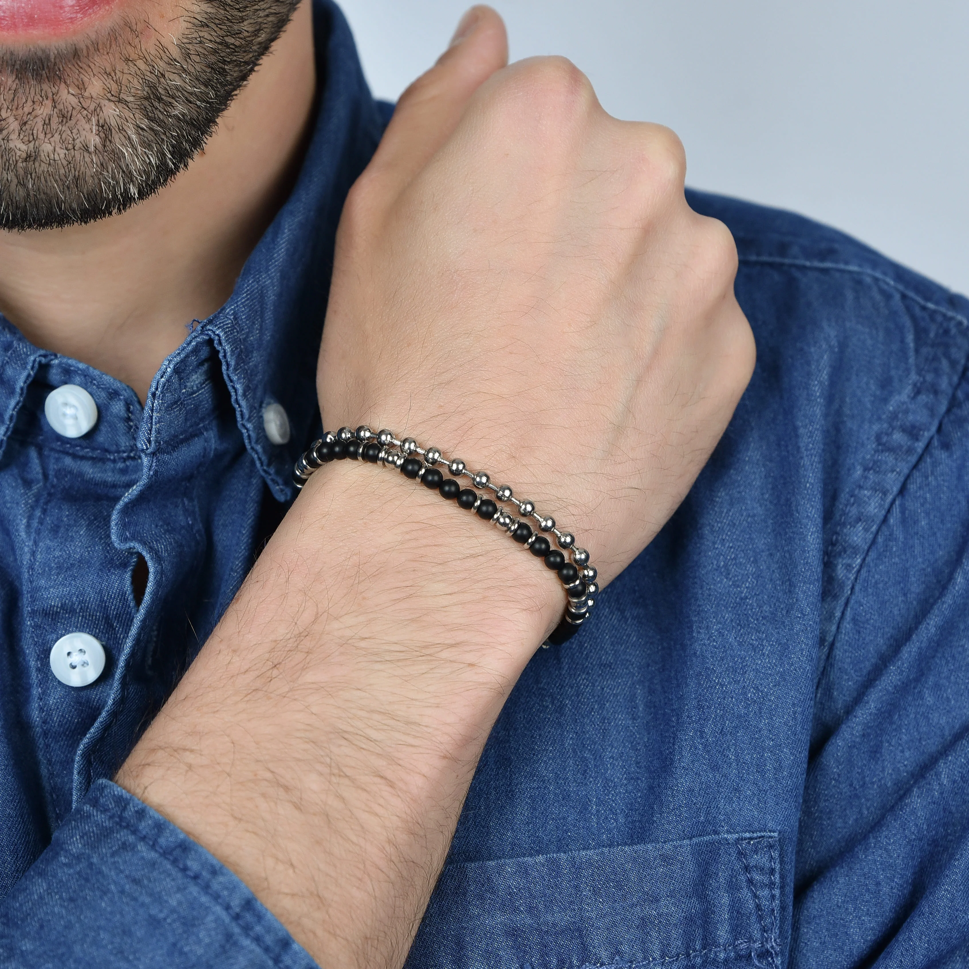 BRACCIALE UOMO IN ACCIAIO CON AGATA NERA ED ELEMENTI IN ACCIAIO - Image 2