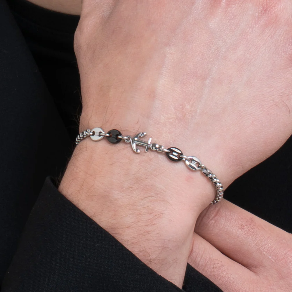 BRACCIALE UOMO IN ACCIAIO CON ANCORA ED ELEMENTI IN ACCIAIO IP NERO - Image 2