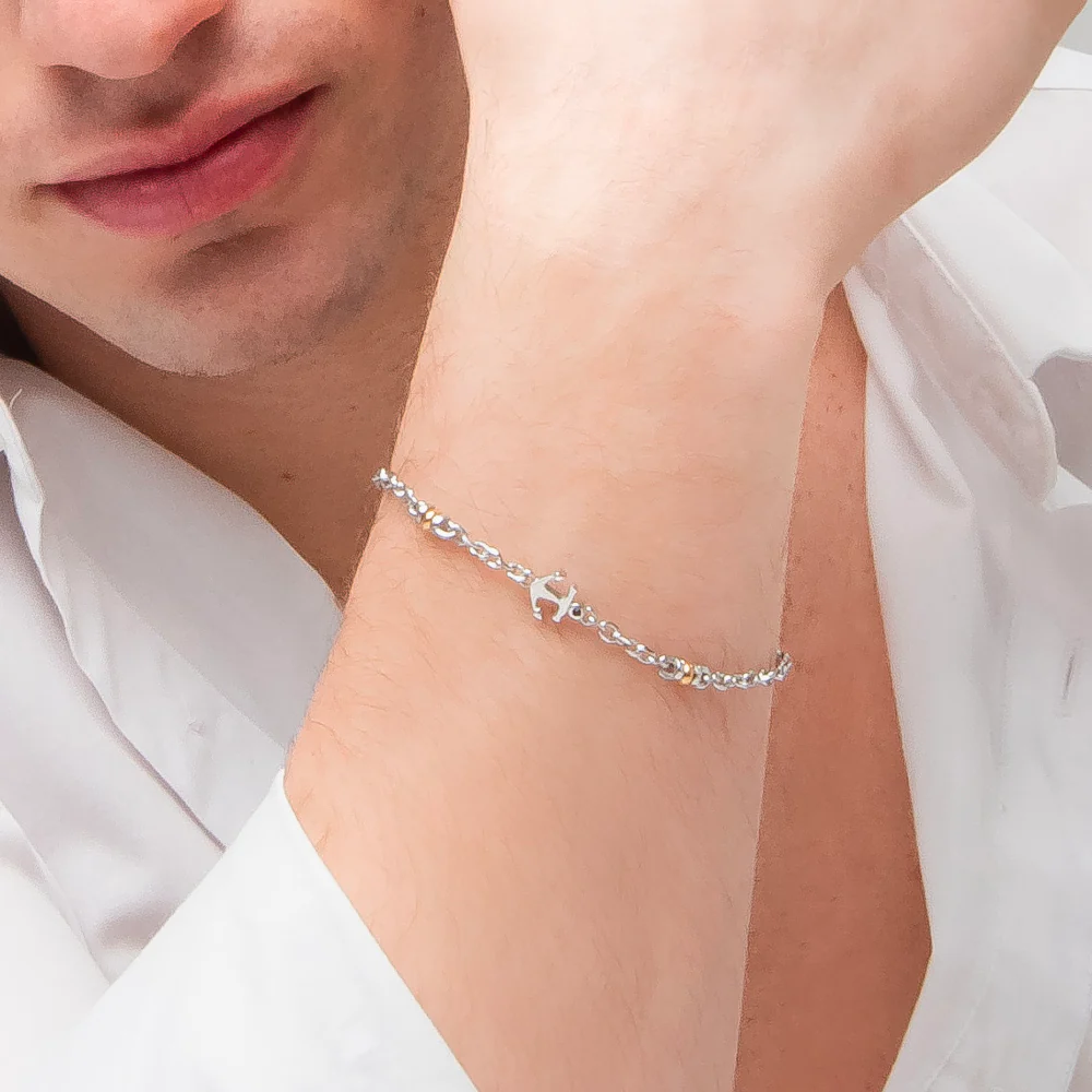BRACCIALE UOMO IN ACCIAIO CON ANCORA, ZIRCONE NERO ED ELEMENTO IN IP GOLD - Image 2