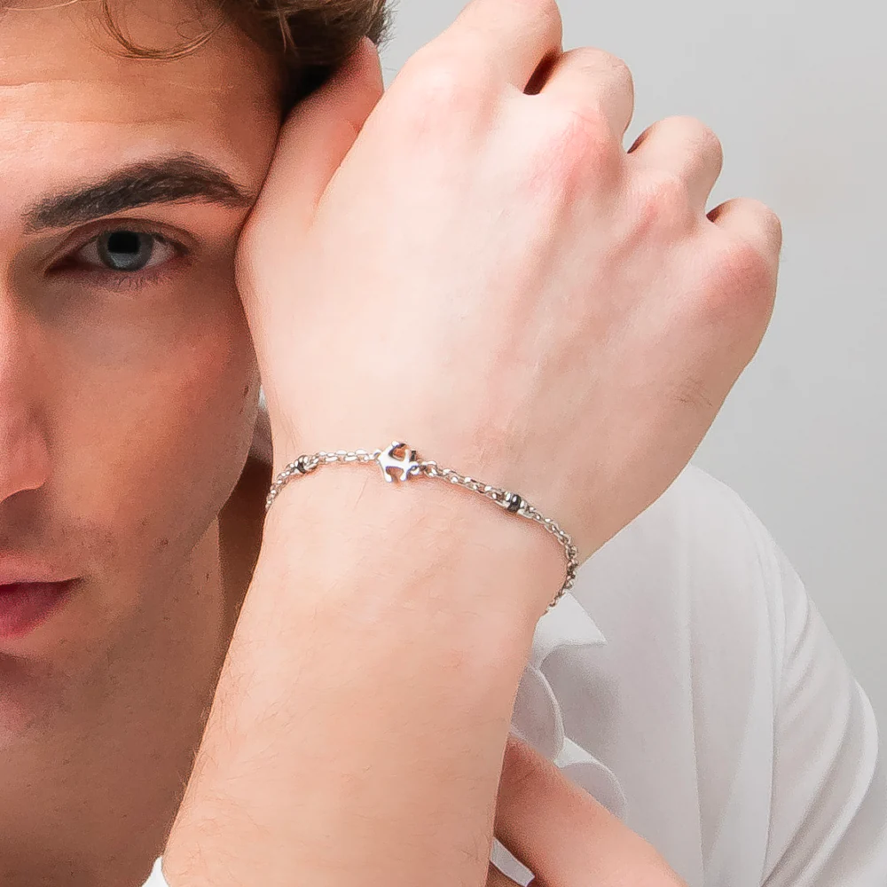 BRACCIALE UOMO IN ACCIAIO CON ANCORA, ZIRCONE NERO ED ELEMENTO IN IP NERO - Image 2