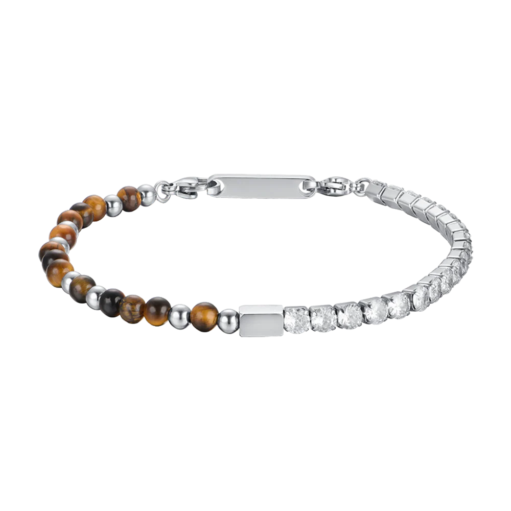 BRACCIALE UOMO IN ACCIAIO CON CRISTALLI BIANCHI E PIETRE OCCHIO DI TIGRE