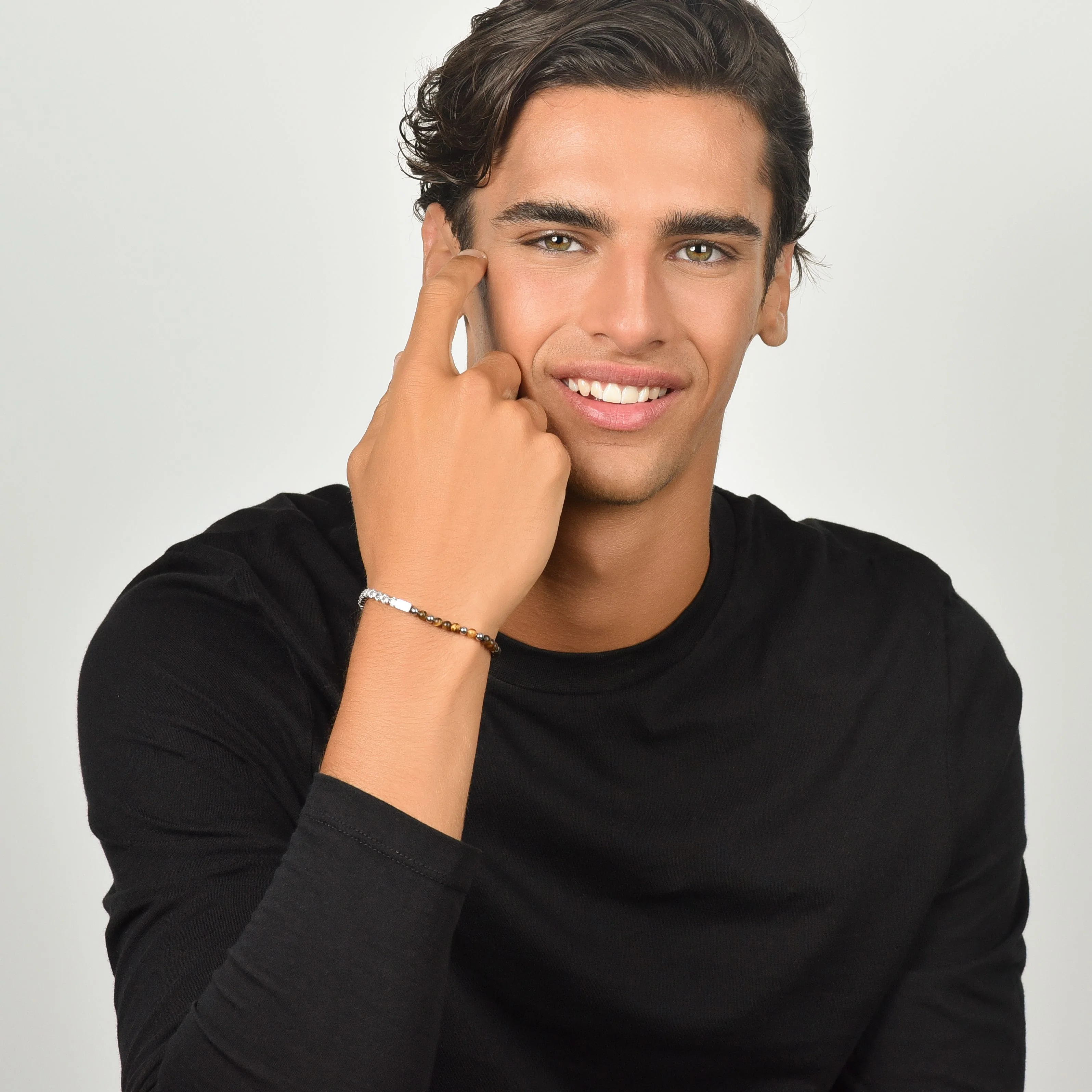 BRACCIALE UOMO IN ACCIAIO CON CRISTALLI BIANCHI E PIETRE OCCHIO DI TIGRE - Image 3