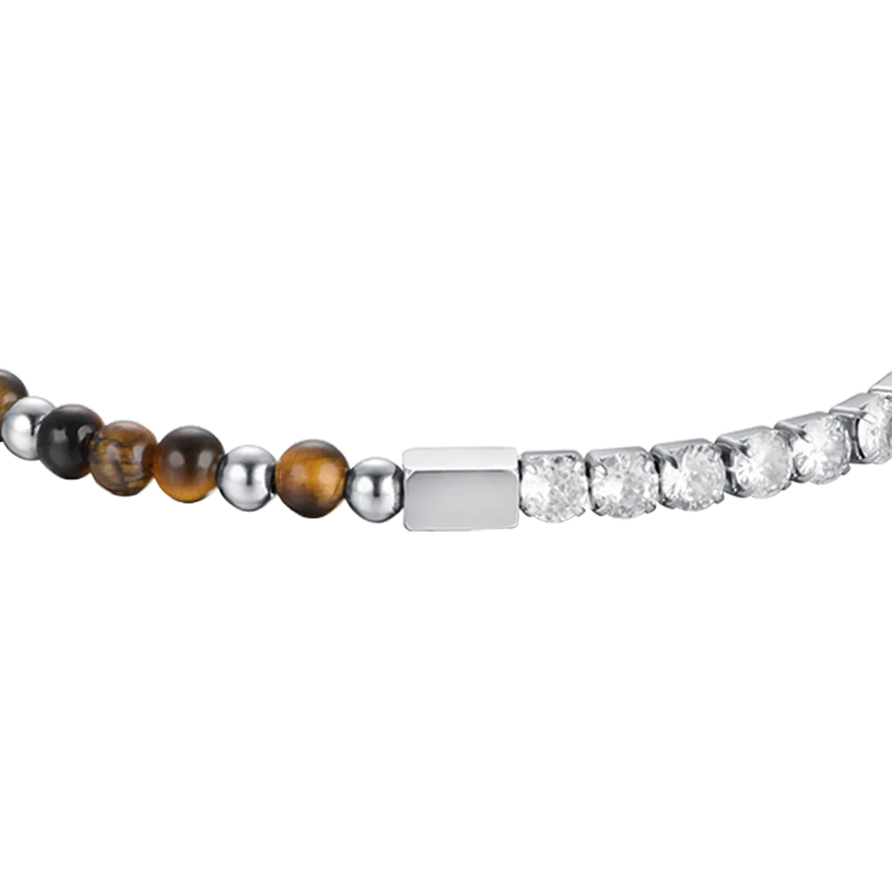 BRACCIALE UOMO IN ACCIAIO CON CRISTALLI BIANCHI E PIETRE OCCHIO DI TIGRE - Image 4