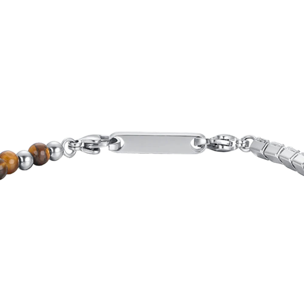 BRACCIALE UOMO IN ACCIAIO CON CRISTALLI BIANCHI E PIETRE OCCHIO DI TIGRE - Image 5