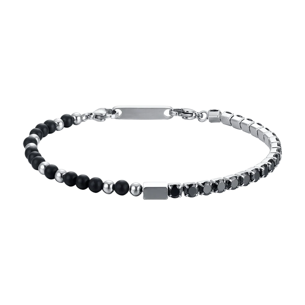 BRACCIALE UOMO IN ACCIAIO CON CRISTALLI NERI E PIETRE NERE