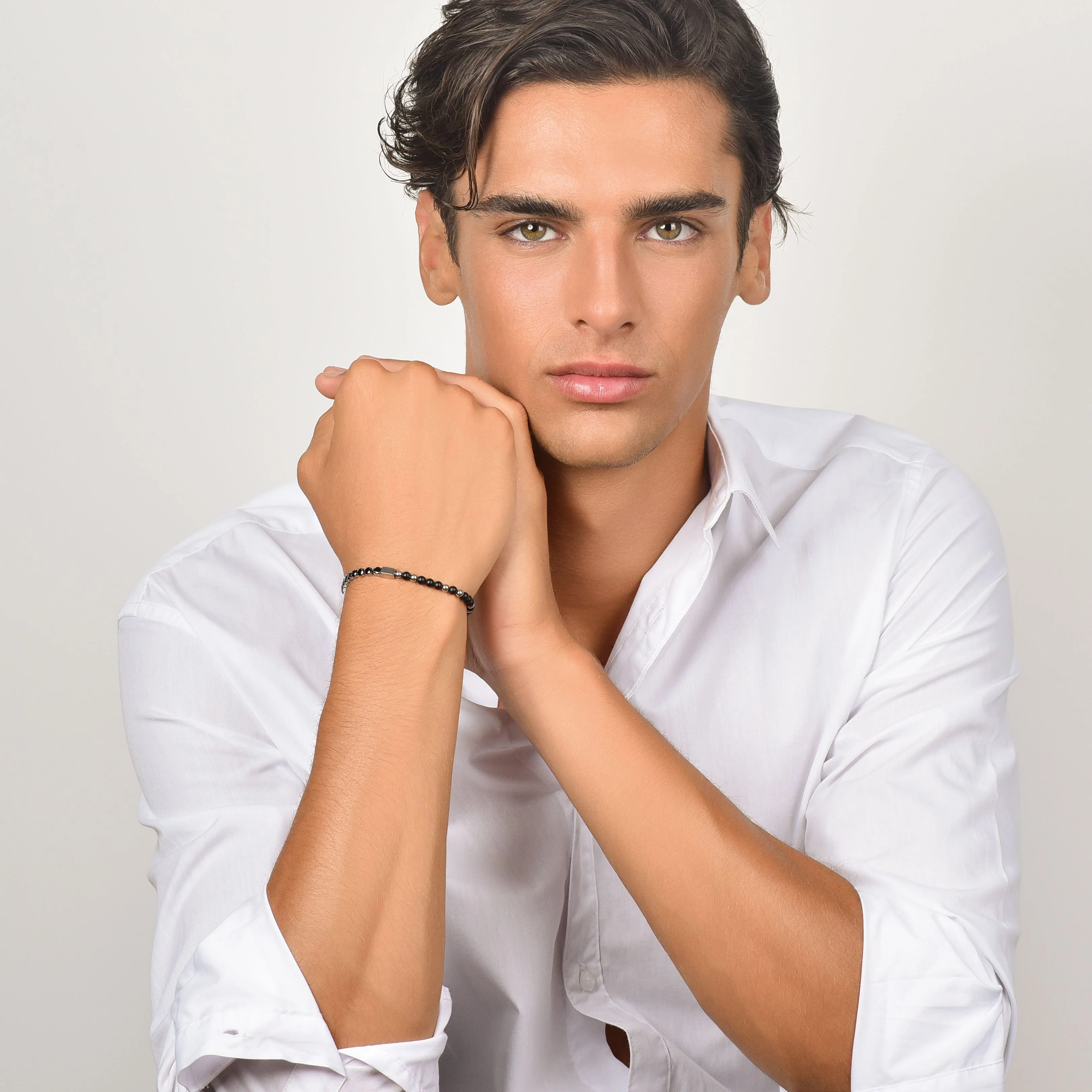 BRACCIALE UOMO IN ACCIAIO CON CRISTALLI NERI E PIETRE NERE - Image 3