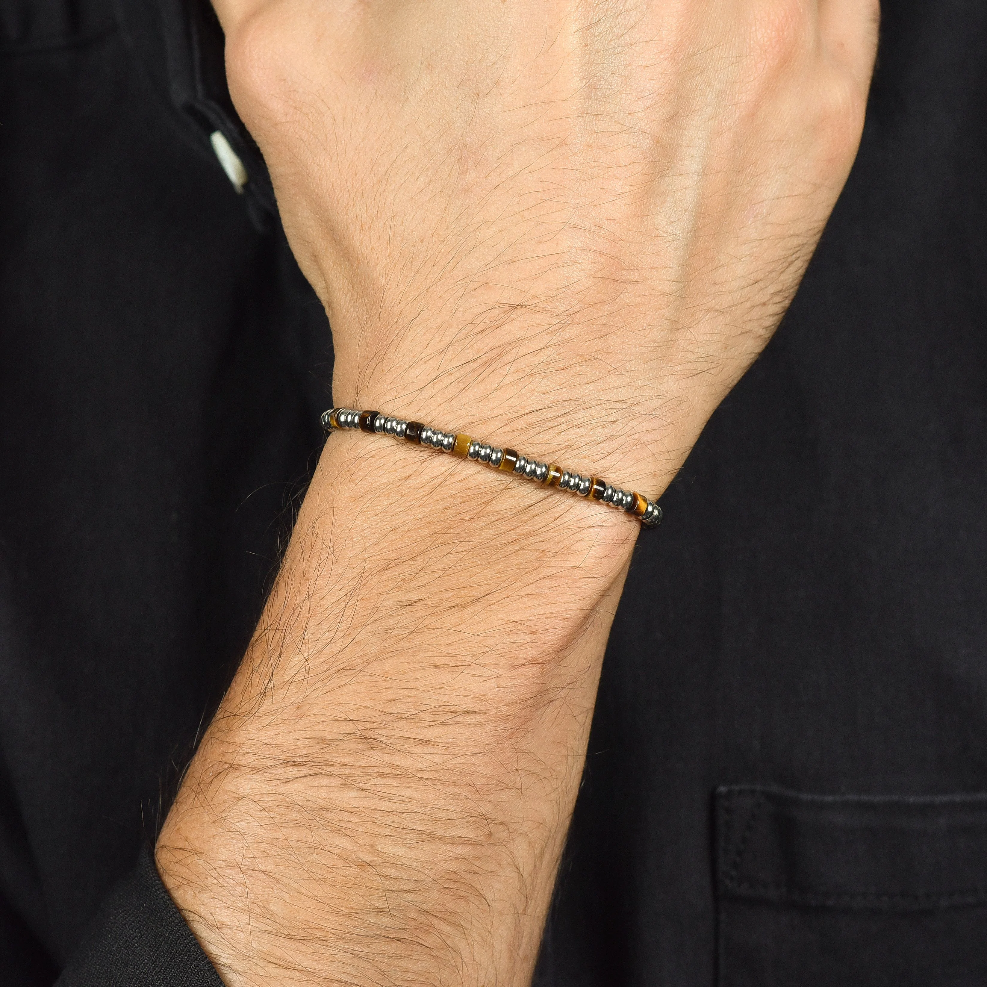 BRACCIALE UOMO IN ACCIAIO CON ELEMENTI SILVER E PIETRE OCCHIO DI TIGRE - Image 2