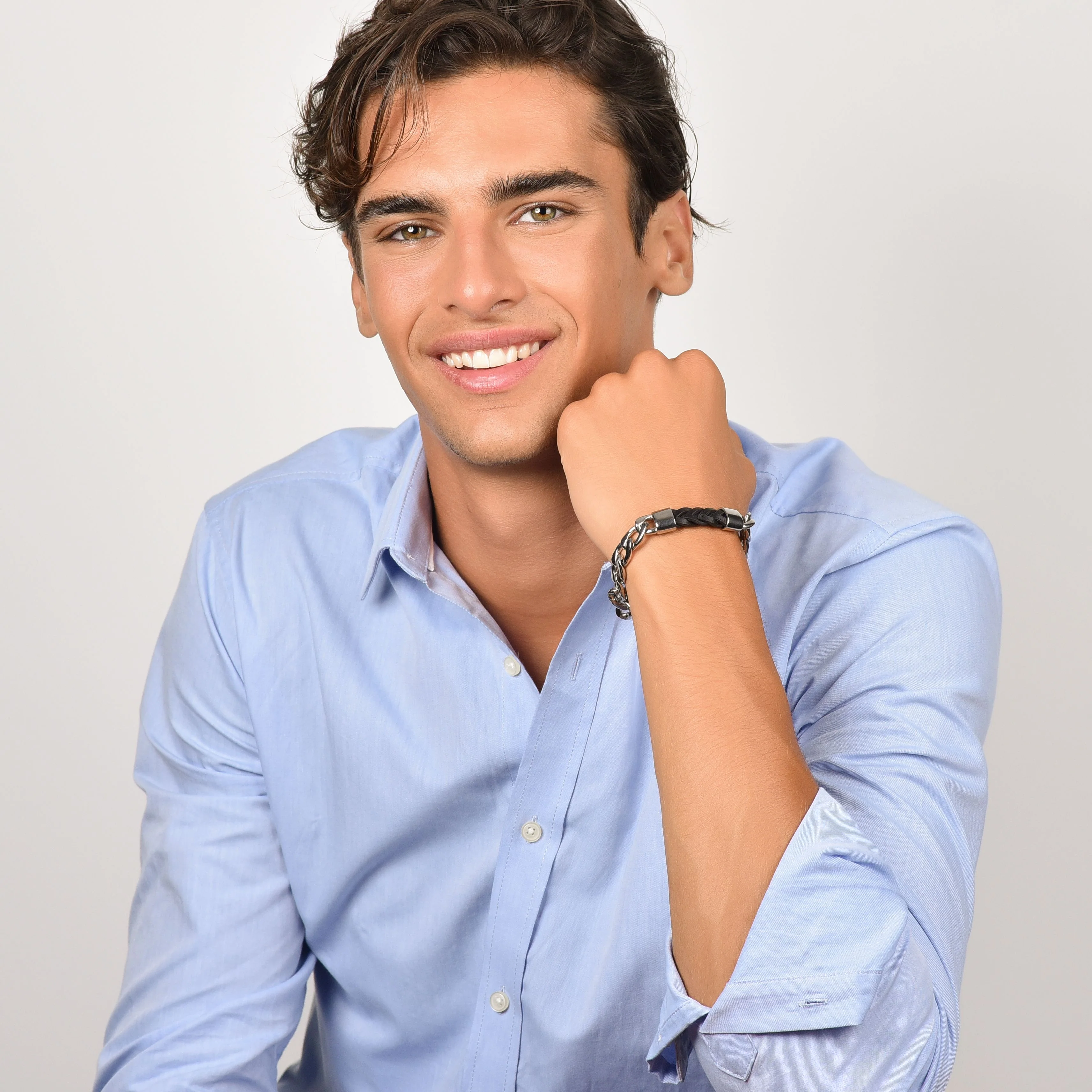 BRACCIALE UOMO IN ACCIAIO CON ELEMENTO IN CUOIO NERO - Image 3