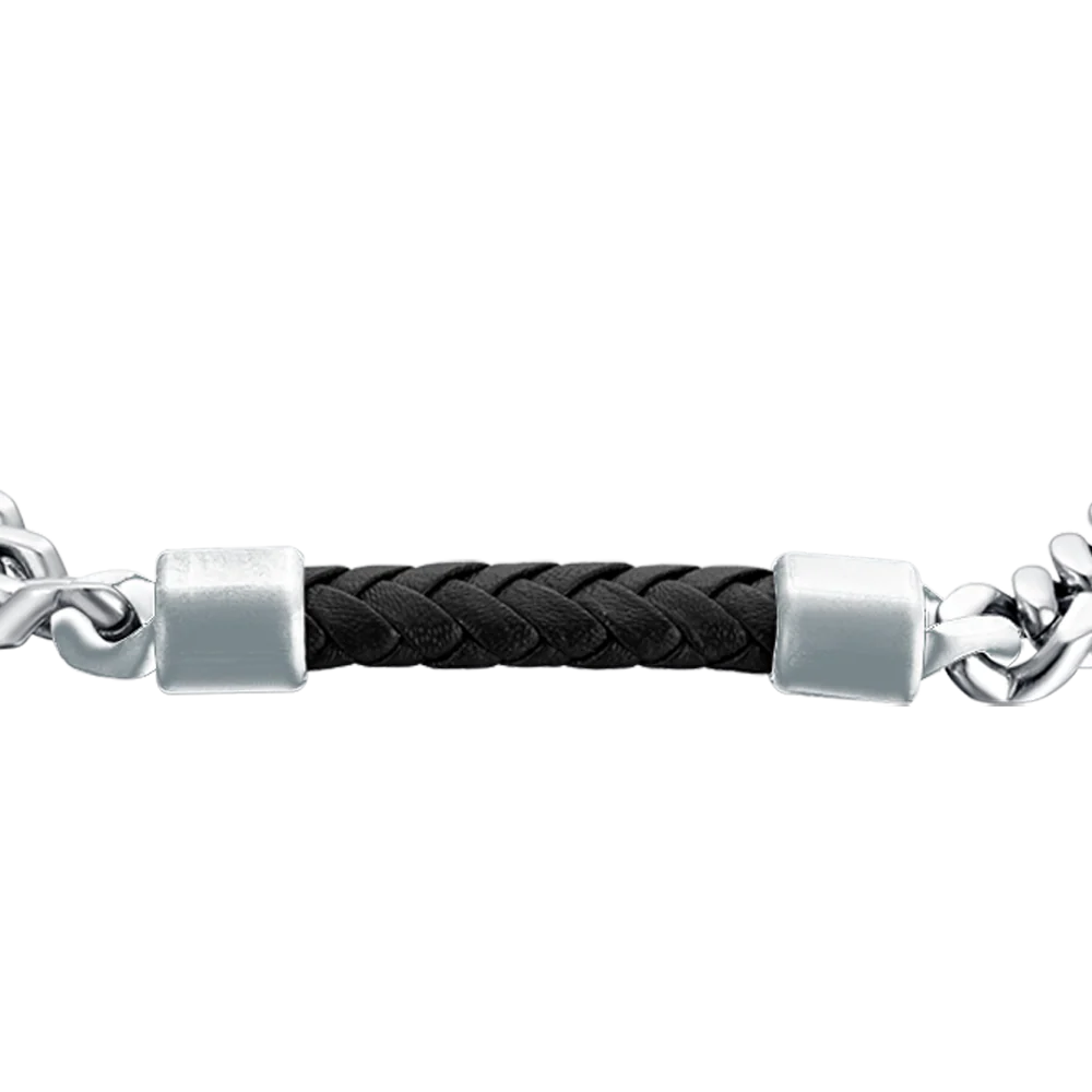 BRACCIALE UOMO IN ACCIAIO CON ELEMENTO IN CUOIO NERO - Image 4