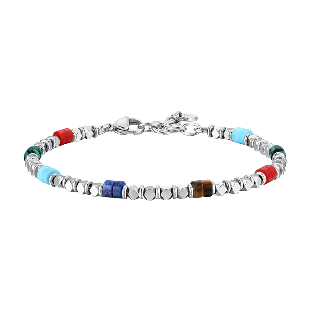 BRACCIALE UOMO IN ACCIAIO CON EMATITE E PIETRE MULTICOLOR