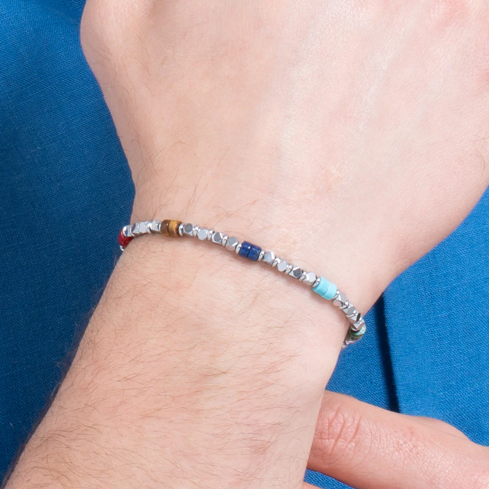 BRACCIALE UOMO IN ACCIAIO CON EMATITE E PIETRE MULTICOLOR - Image 2