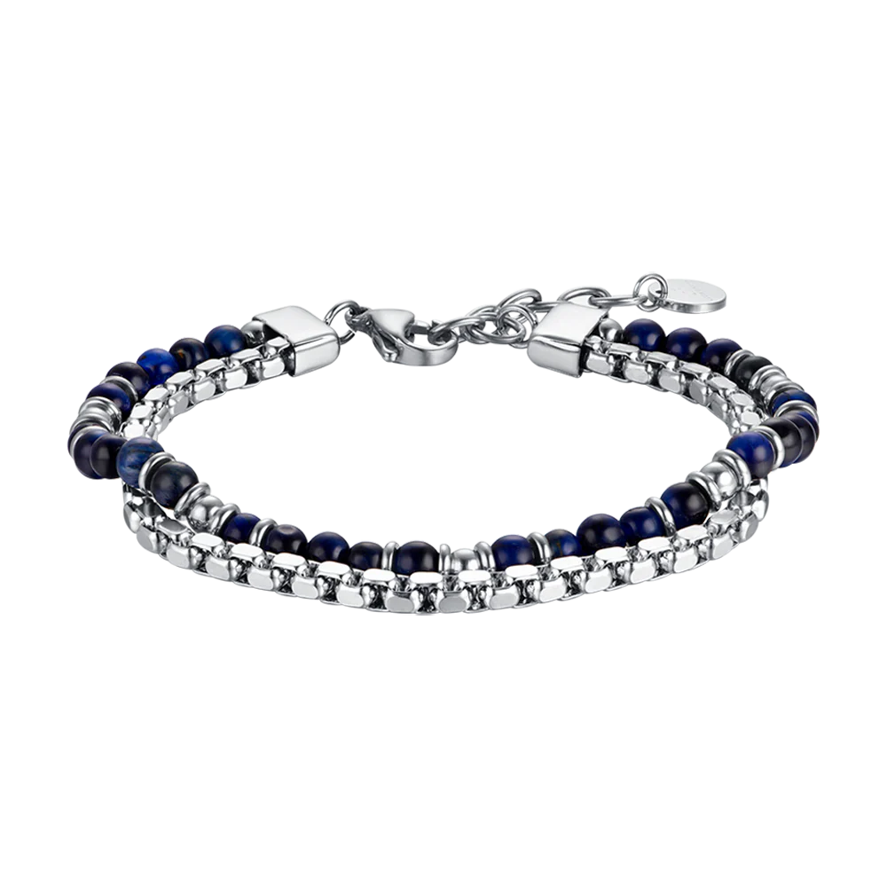 BRACCIALE UOMO IN ACCIAIO CON PIETRE BLU ED ELEMENTI IN ACCIAIO