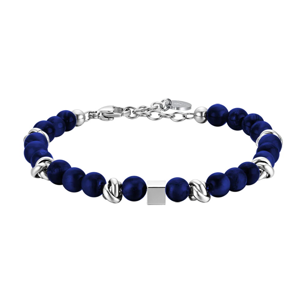 BRACCIALE UOMO IN ACCIAIO CON PIETRE BLU ED ELEMENTI IN ACCIAIO