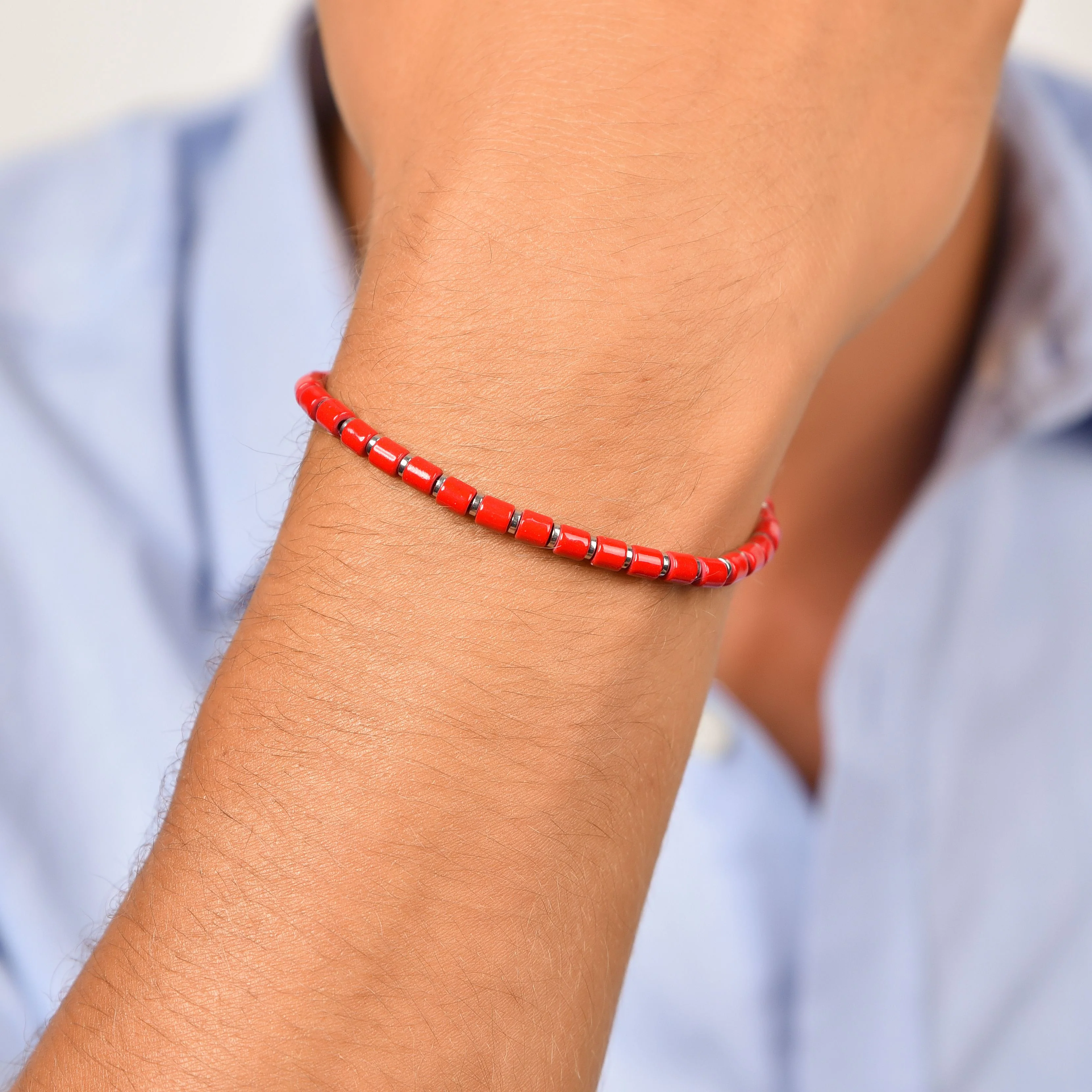 BRACCIALE UOMO IN ACCIAIO CON PIETRE ROSSE - Image 2