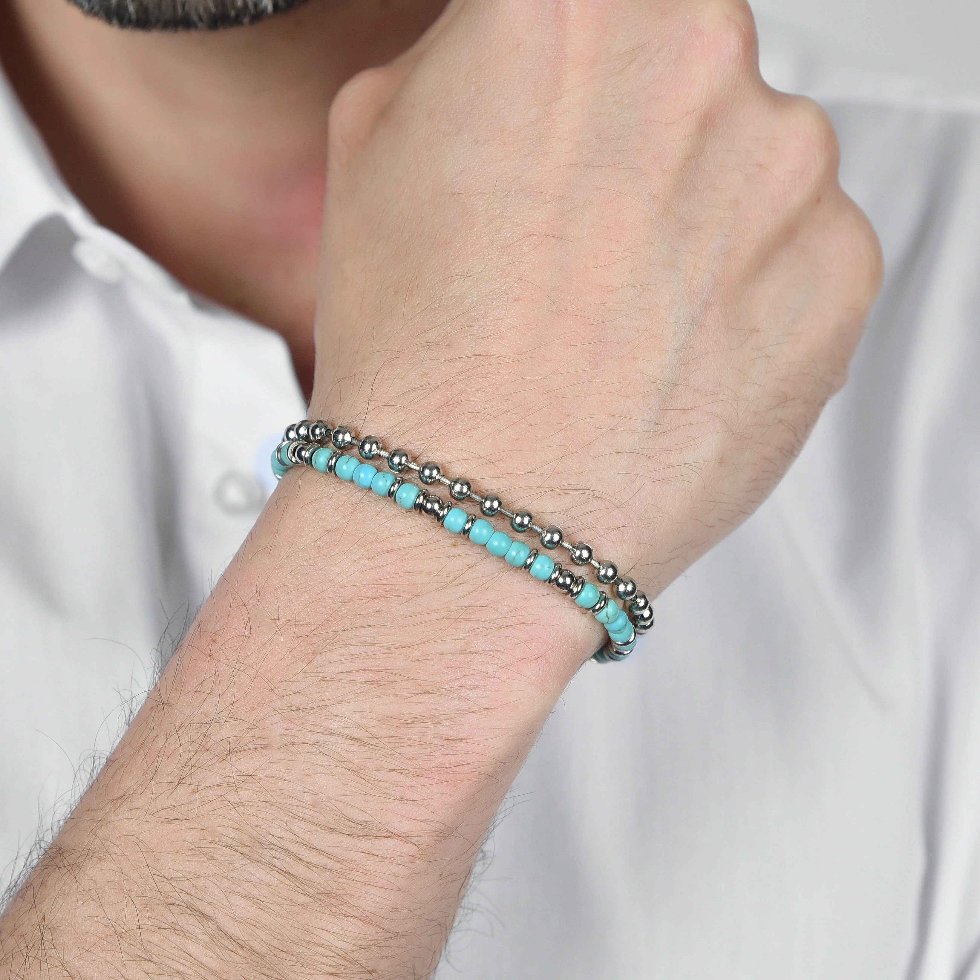BRACCIALE UOMO IN ACCIAIO CON PIETRE TURCHESI ED ELEMENTI IN ACCIAIO - Image 2