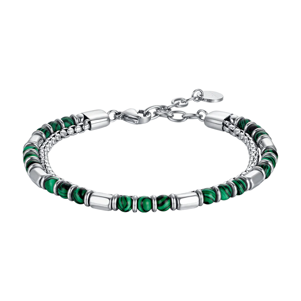 BRACCIALE UOMO IN ACCIAIO CON PIETRE VERDI ED ELEMENTI IN ACCIAIO
