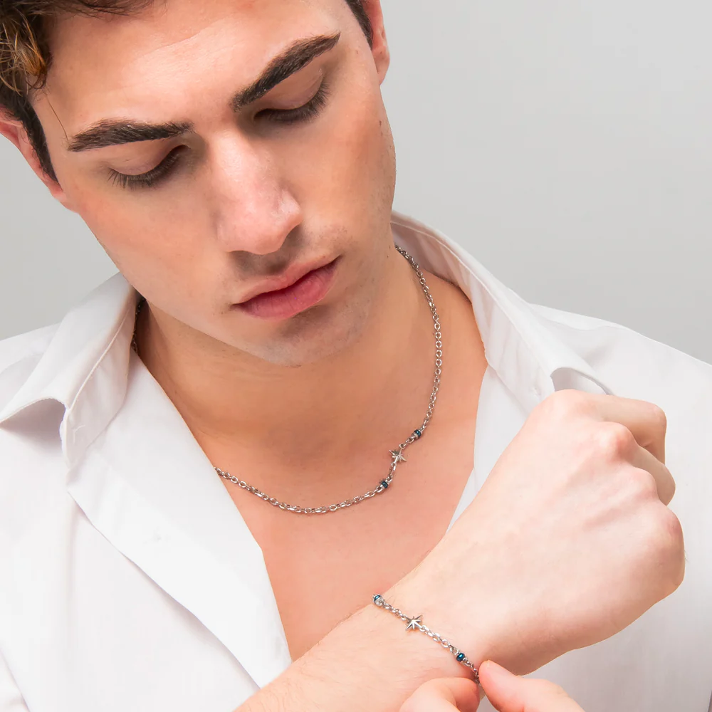 BRACCIALE UOMO IN ACCIAIO CON ROSA DEI VENTI ED ELEMENTI IN IP BLU - Image 4