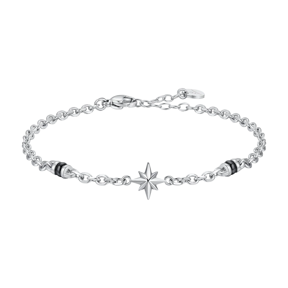 BRACCIALE UOMO IN ACCIAIO CON ROSA DEI VENTI ED ELEMENTI IN IP NERO
