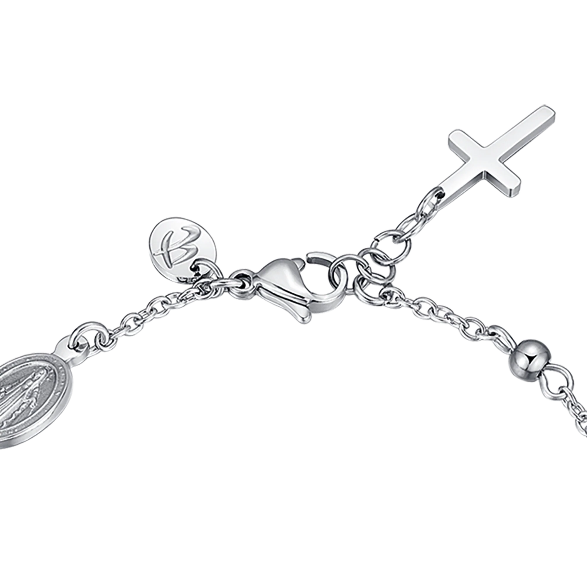BRACCIALE UOMO IN ACCIAIO CON ROSARIO, CROCE PENDENTE E CRISTALLI NERI - Image 5