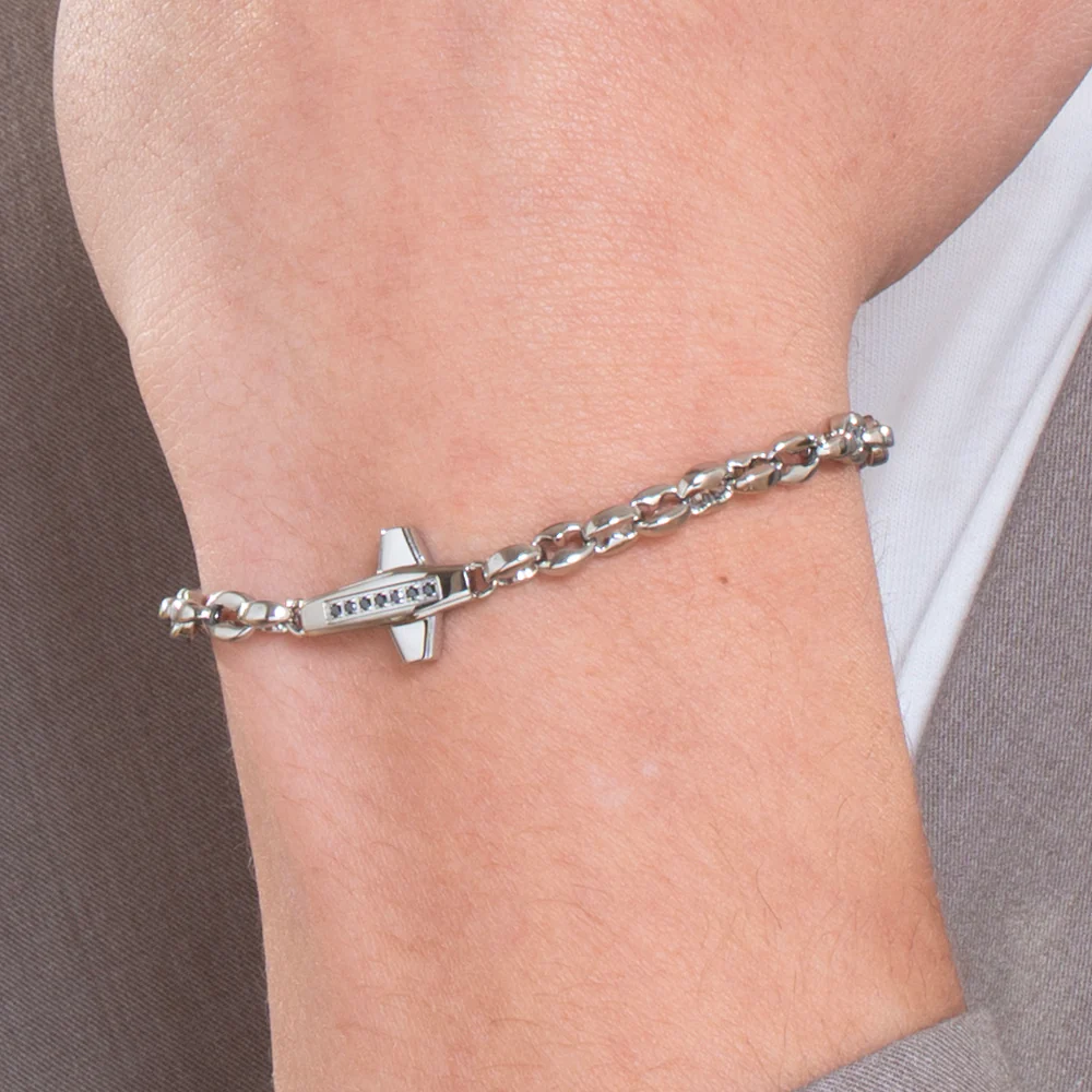 BRACCIALE UOMO IN ACCIAIO CROCE E ZIRCONI NERI - Image 2
