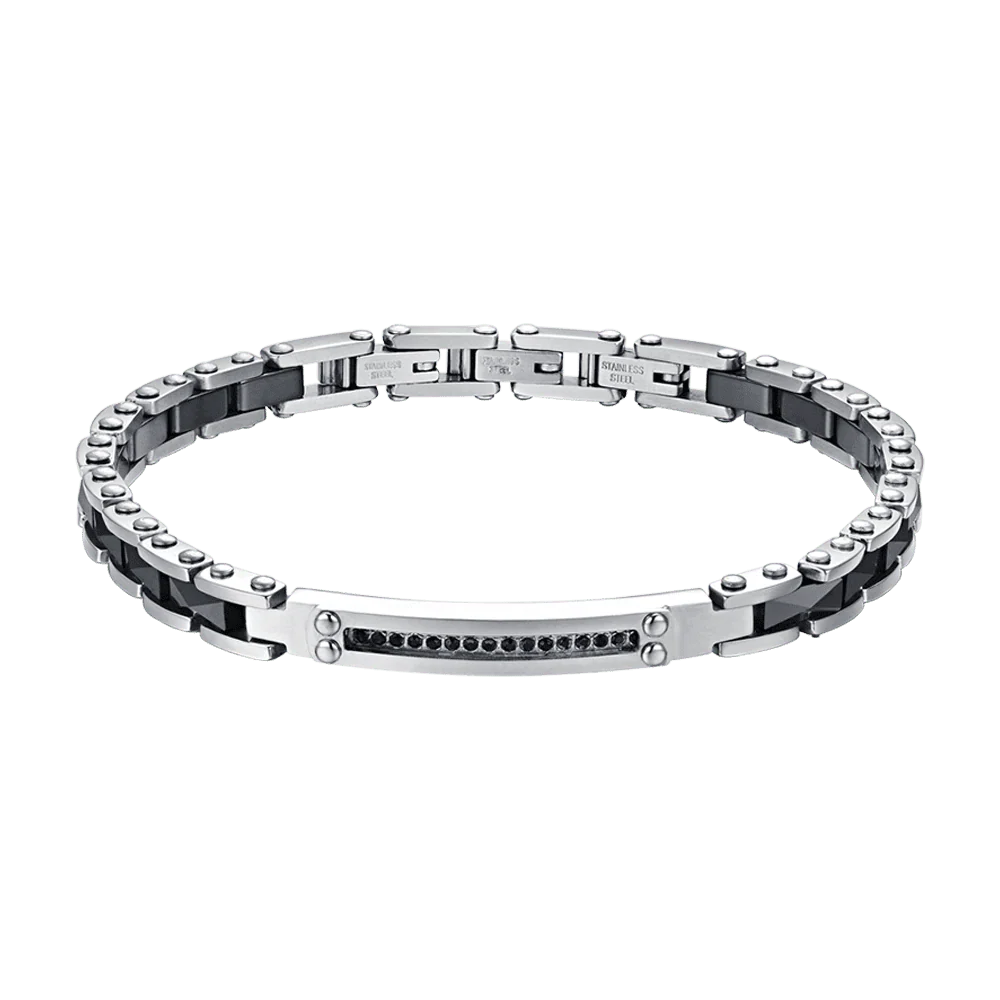 BRACCIALE UOMO IN ACCIAIO E CERAMICA NERA CON CRISTALLI NERI