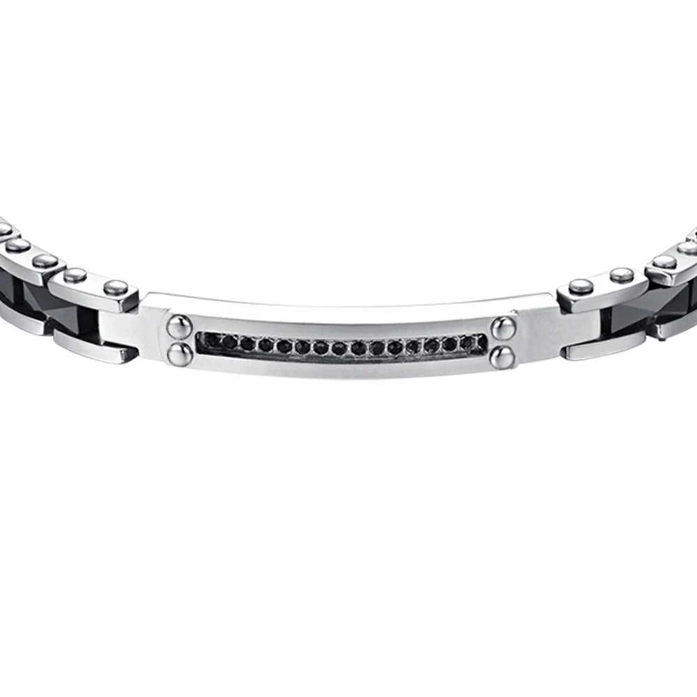 BRACCIALE UOMO IN ACCIAIO E CERAMICA NERA CON CRISTALLI NERI - Image 4