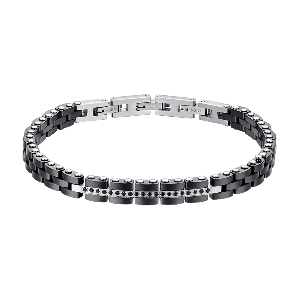 BRACCIALE UOMO IN ACCIAIO E CERAMICA NERA CON CRISTALLI NERI