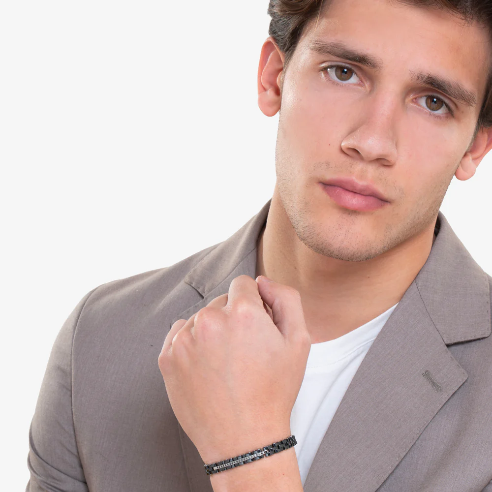 BRACCIALE UOMO IN ACCIAIO E CERAMICA NERA CON CRISTALLI NERI - Image 3