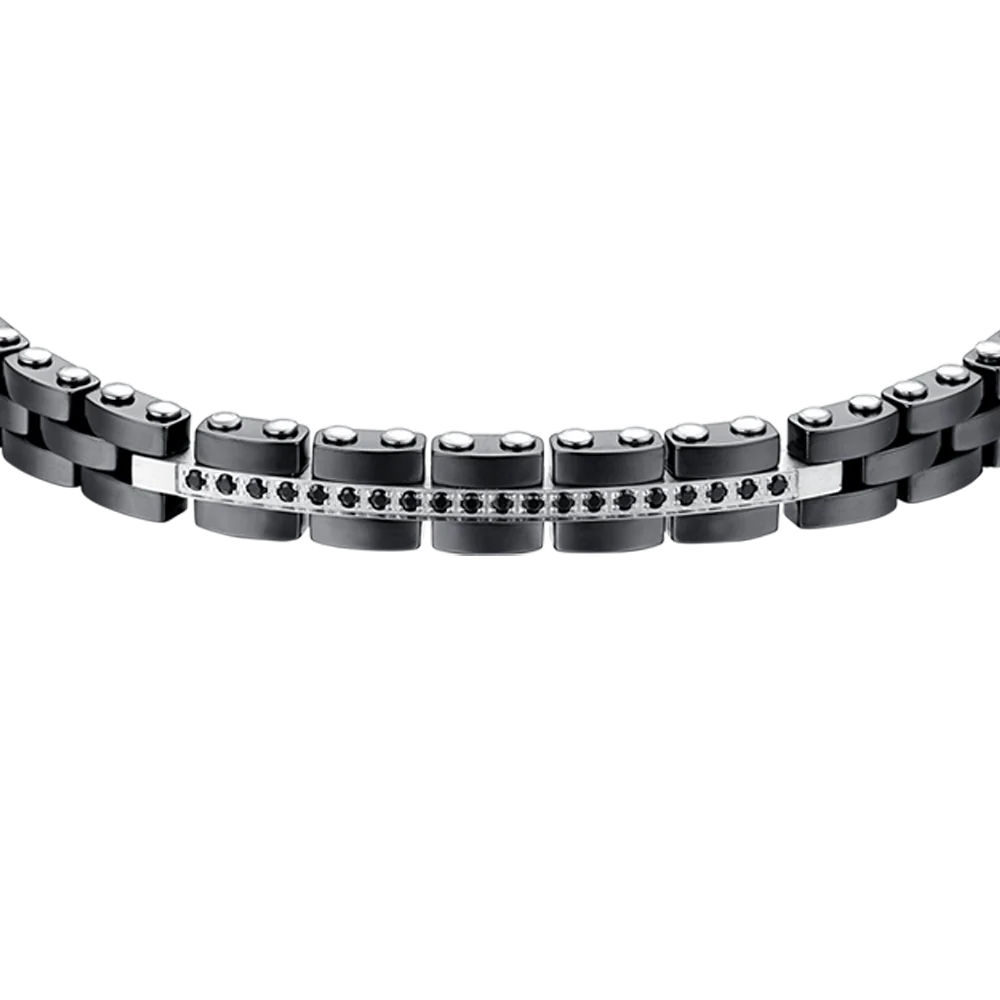BRACCIALE UOMO IN ACCIAIO E CERAMICA NERA CON CRISTALLI NERI - Image 4