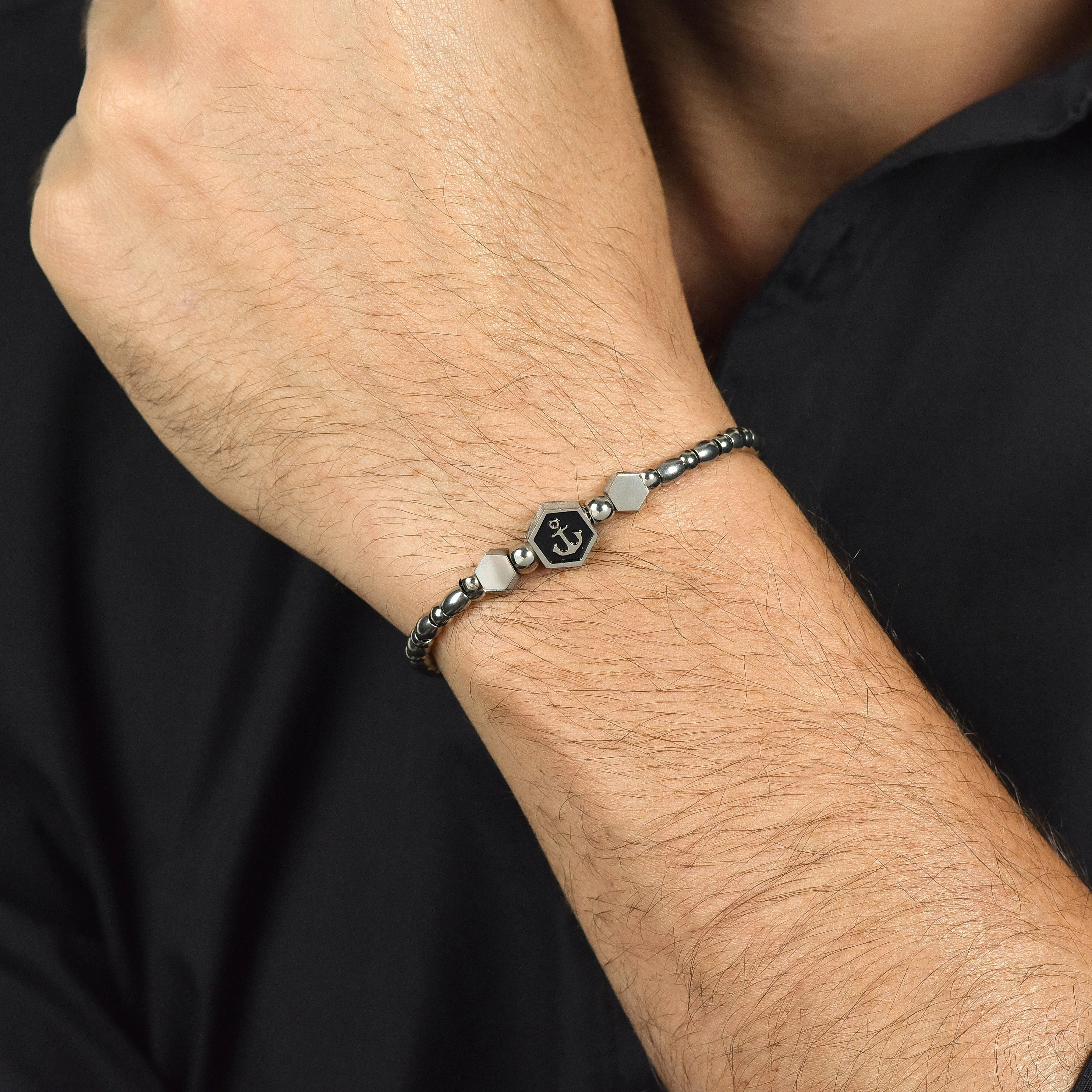 BRACCIALE UOMO IN ACCIAIO ELEMENTO CON ANCORA SILVER E SMALTO NERO - Image 2