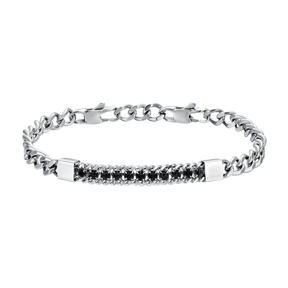 BRACCIALE UOMO IN ACCIAIO ELEMENTO CON CRISTALLI NERI