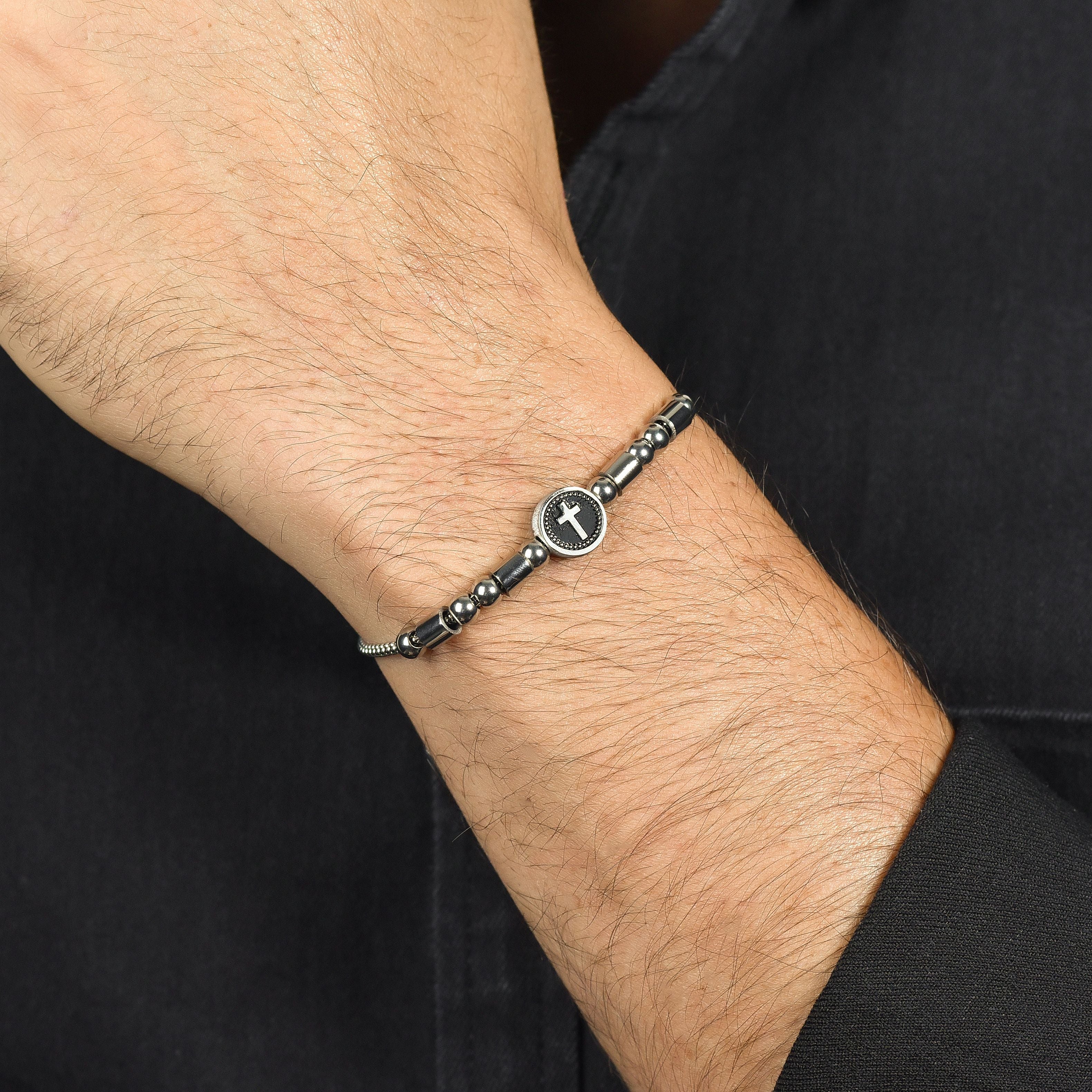 BRACCIALE UOMO IN ACCIAIO ELEMENTO CON CROCE SILVER E SMALTO NERO - Image 2