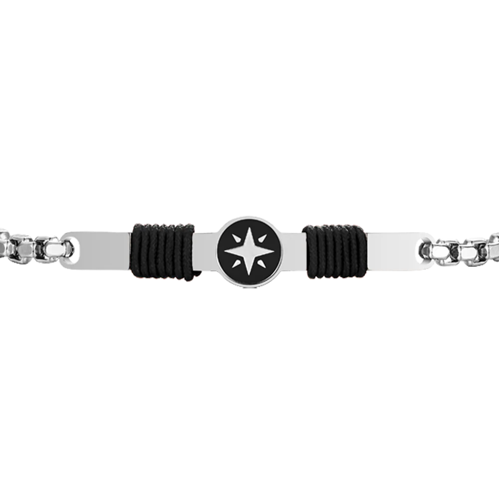 BRACCIALE UOMO IN ACCIAIO, PIASTRA CON SMALTO NERO E ROSA DEI VENTI E CORDA NERA - Image 4