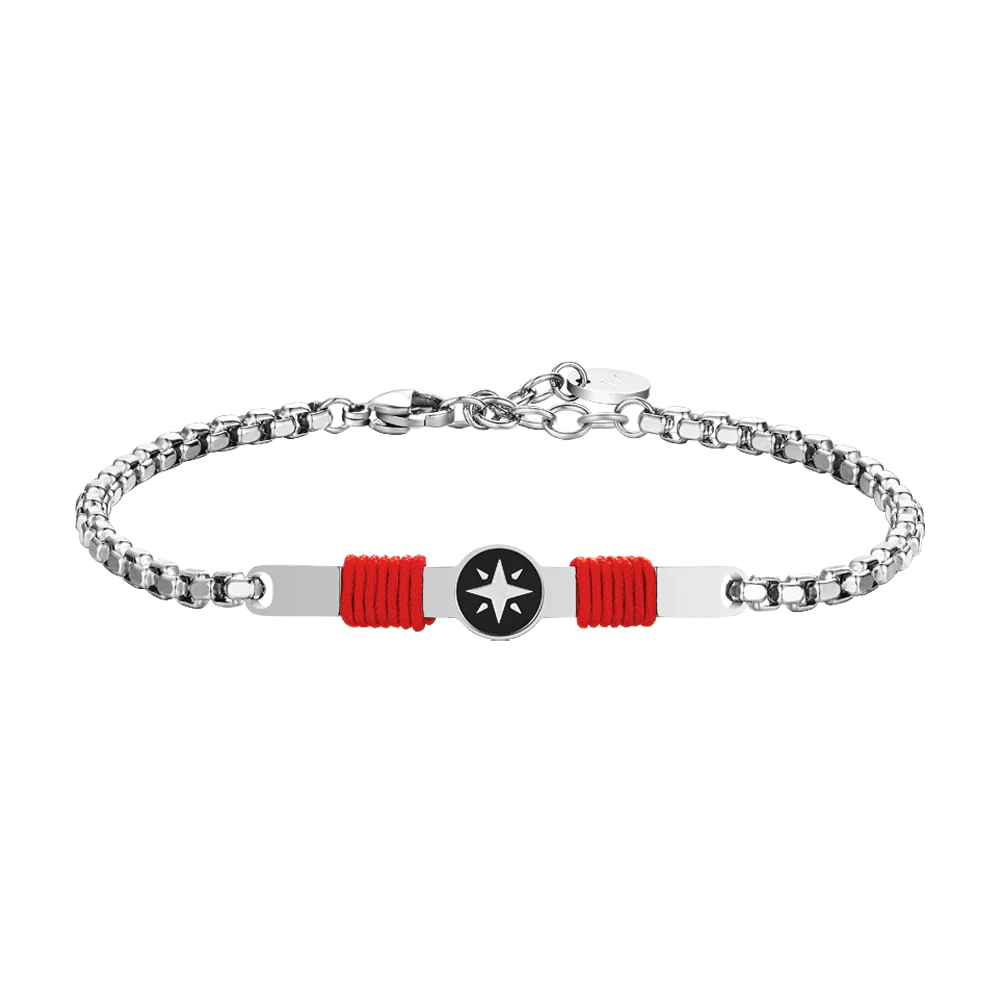 BRACCIALE UOMO IN ACCIAIO, PIASTRA CON SMALTO NERO E ROSA DEI VENTI E CORDA ROSS