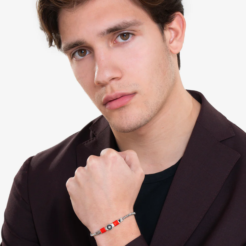 BRACCIALE UOMO IN ACCIAIO, PIASTRA CON SMALTO NERO E ROSA DEI VENTI E CORDA ROSS - Image 3