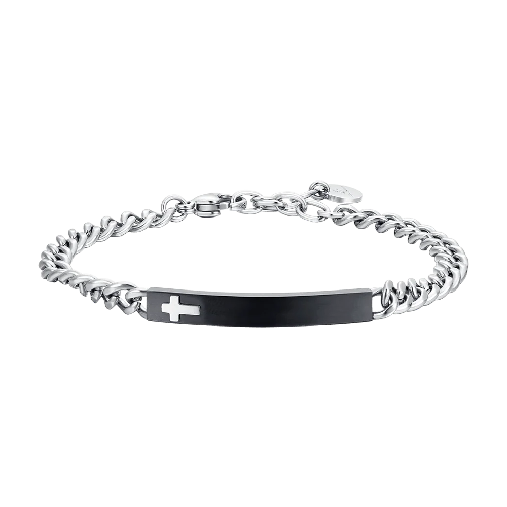 BRACCIALE UOMO IN ACCIAIO PIASTRA IP BLACK CON CROCE