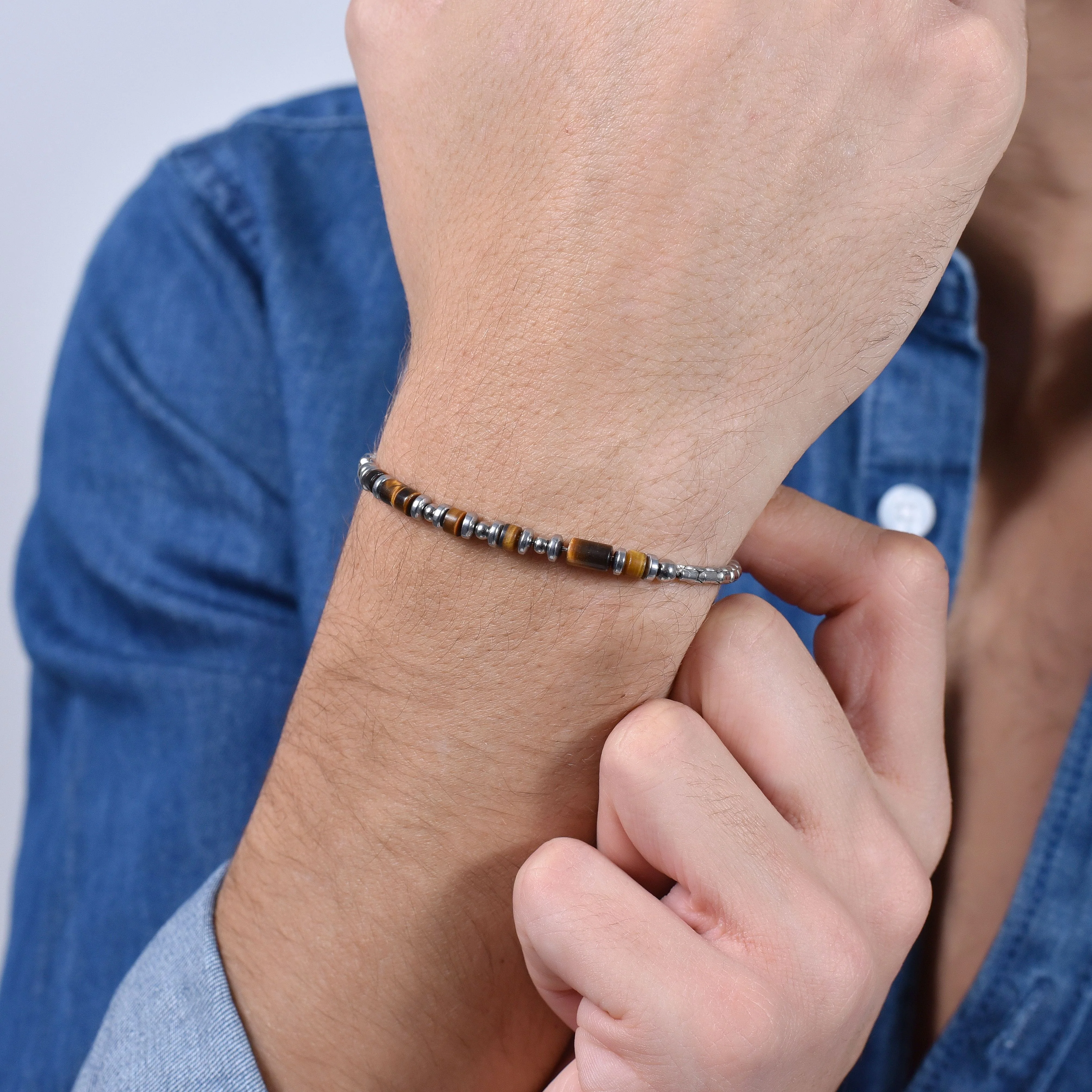 BRACCIALE UOMO IN ACCIAIO PIETRA OCCHIO DI TIGRE - Image 2