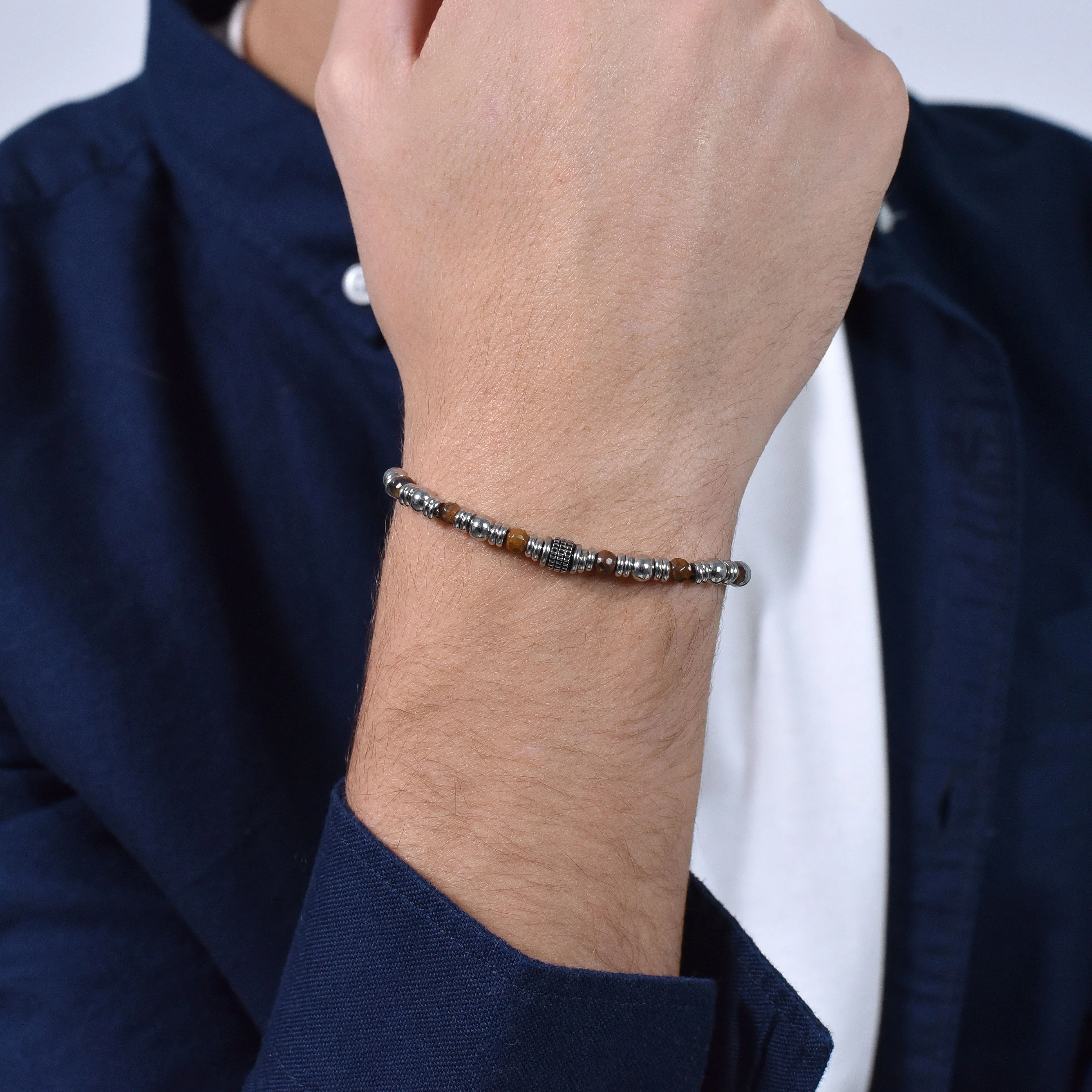 BRACCIALE UOMO IN ACCIAIO PIETRE OCCHIO DI TIGRE - Image 2