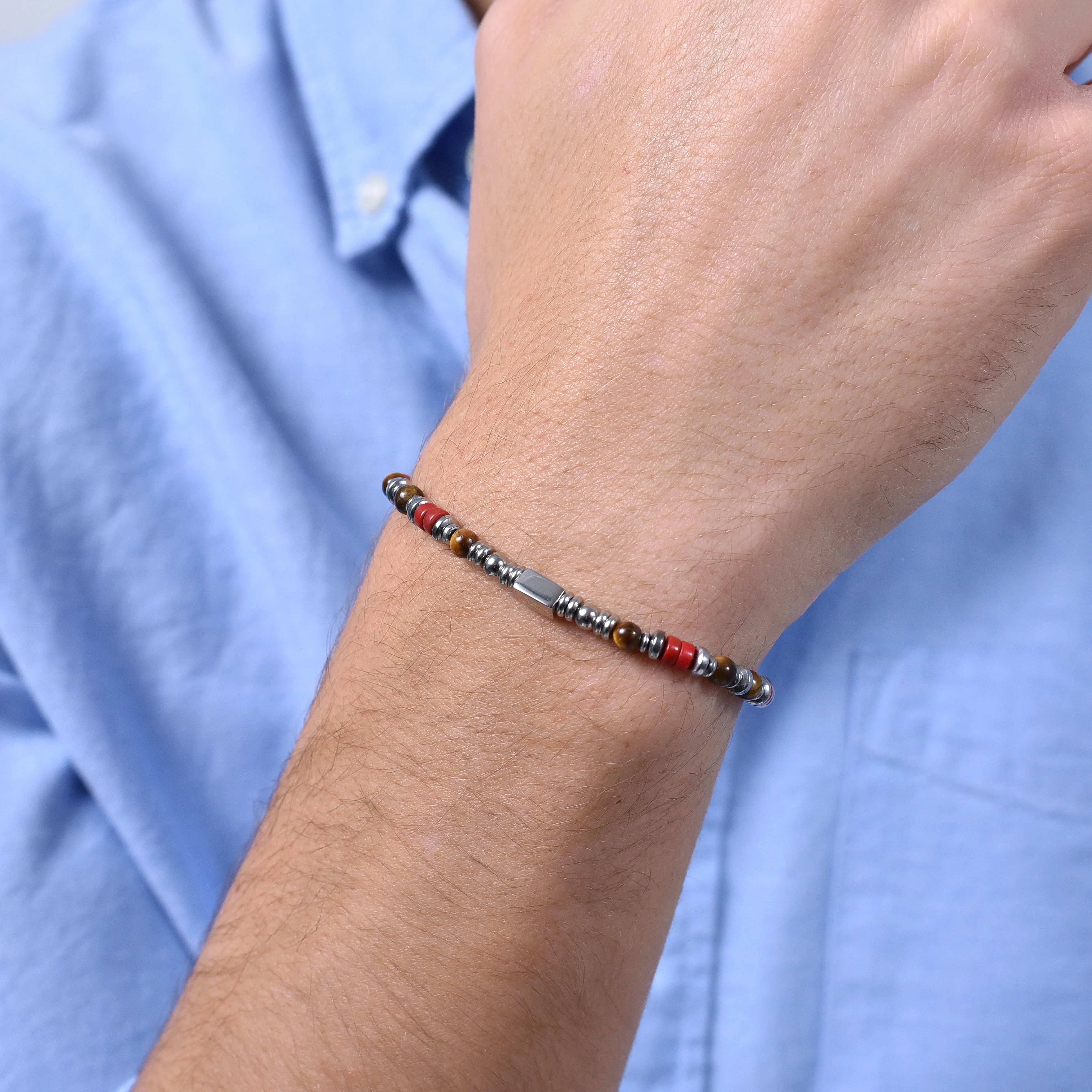 BRACCIALE UOMO IN ACCIAIO PIETRE OCCHIO DI TIGRE - Image 2