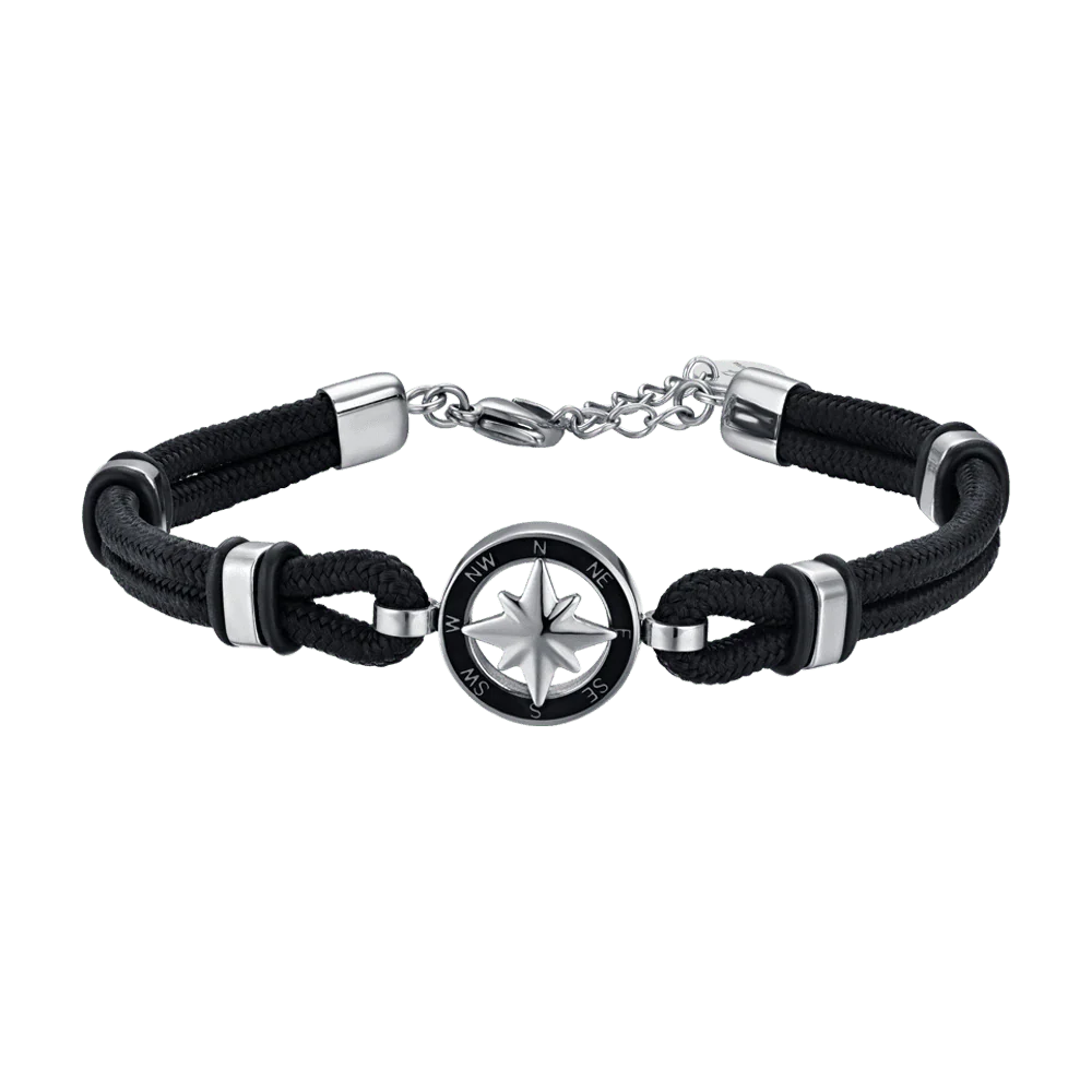 BRACCIALE UOMO IN CORDA NERA CON ROSA DEI VENTI CON SMALTO NERO