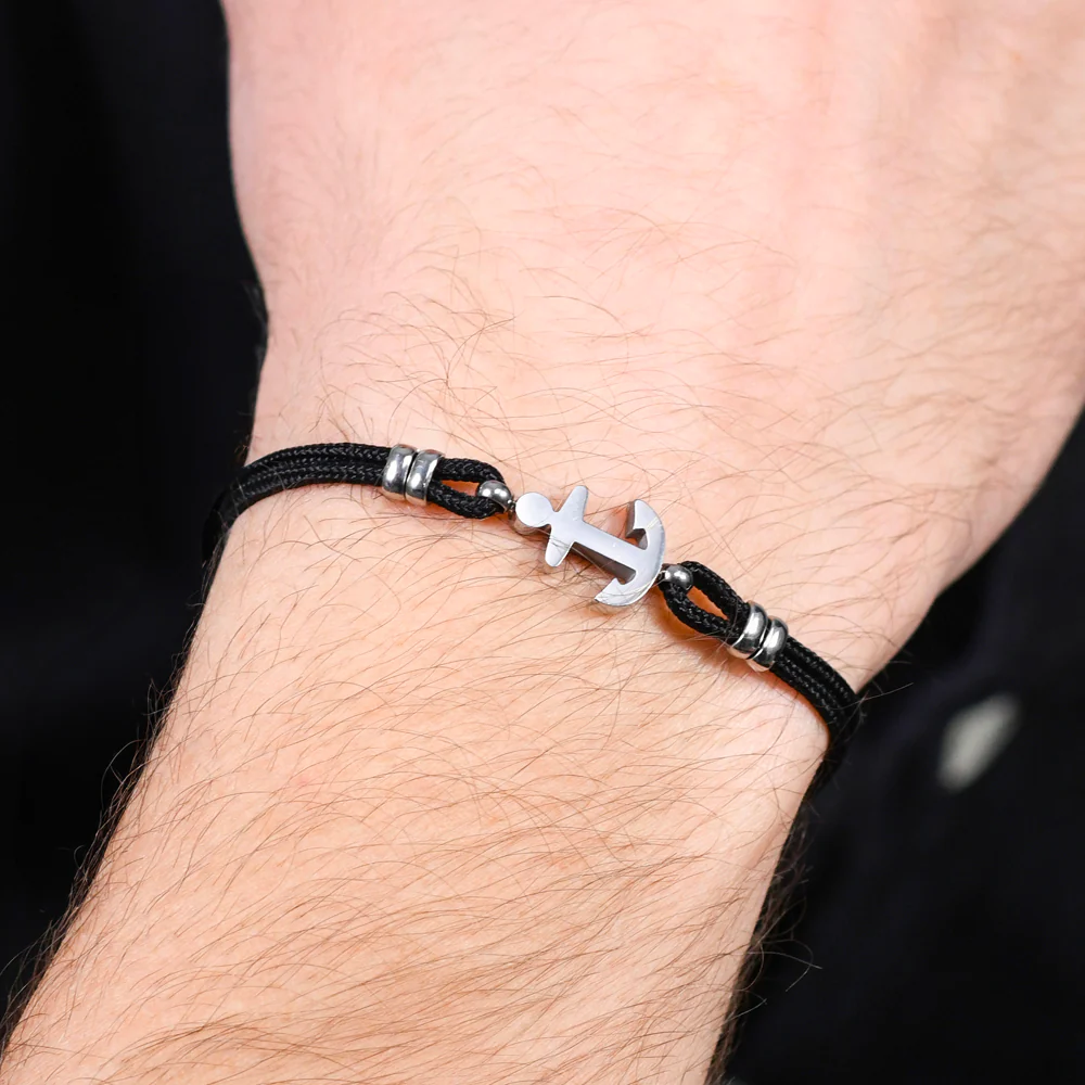 BRACCIALE UOMO IN CORDA NERA E ANCORA - Image 2